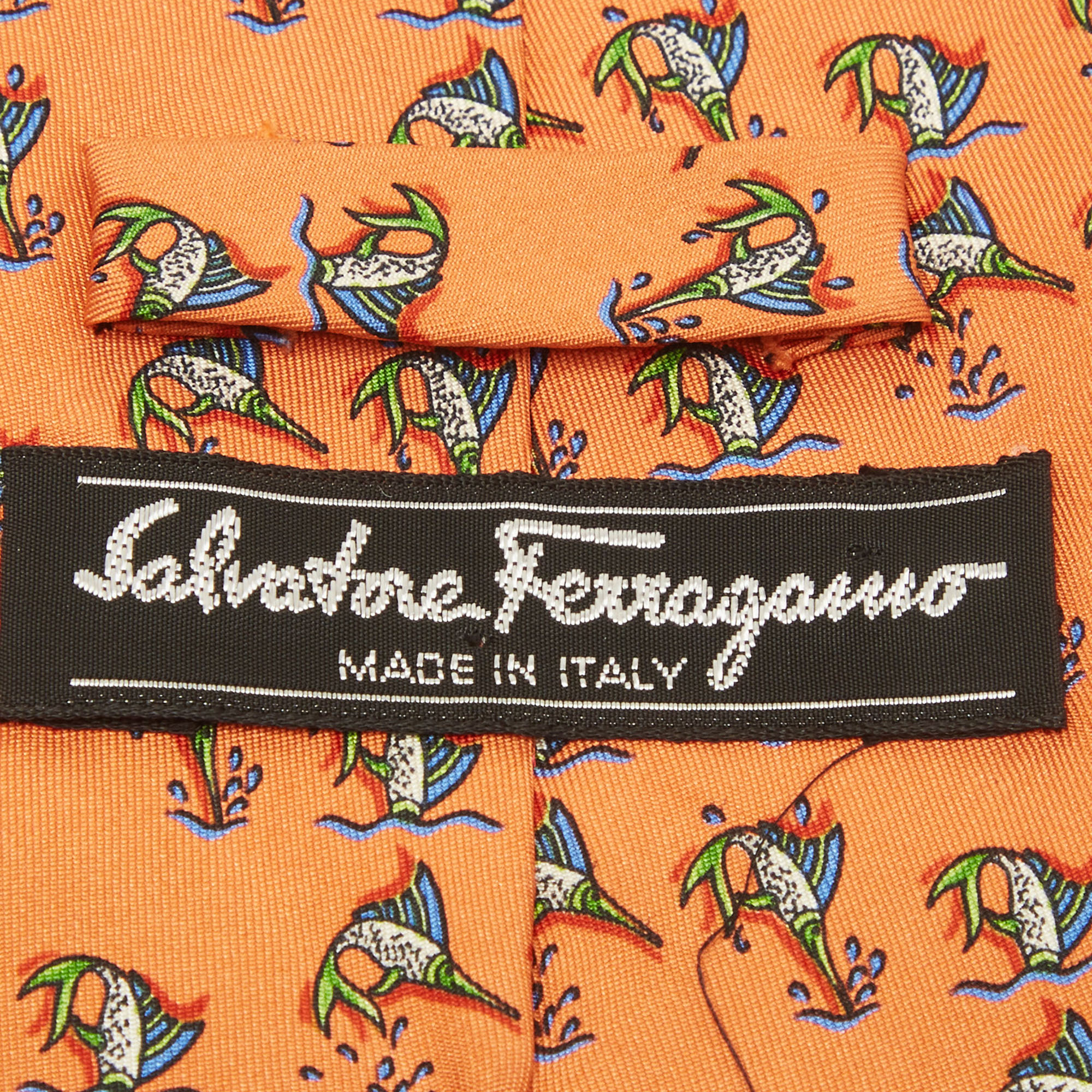 Salvatore Ferragamo Orange Fish Print Silk Traditional Tie
