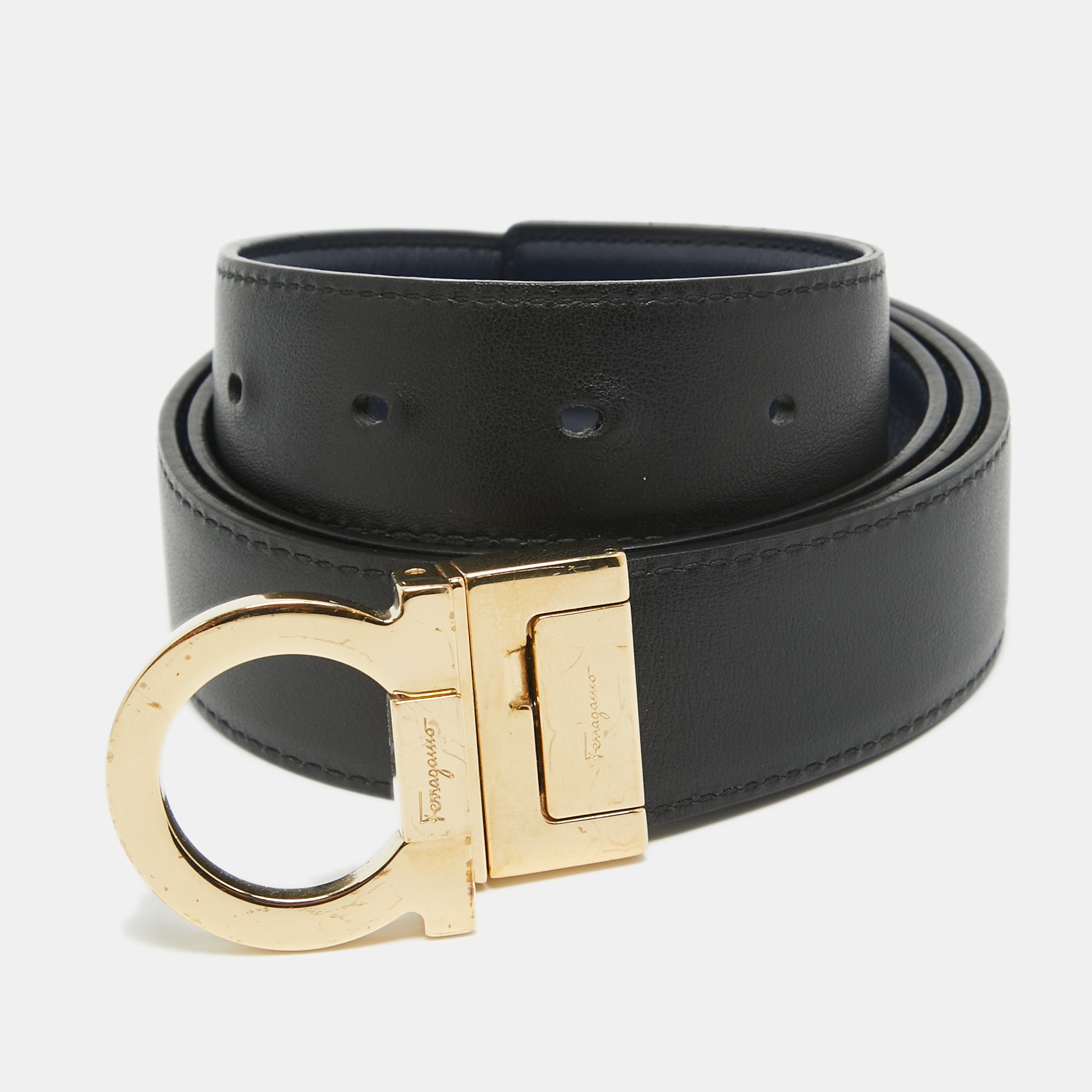 Salvatore ferragamo navy blue/black leather gancio cut to size reversible belt