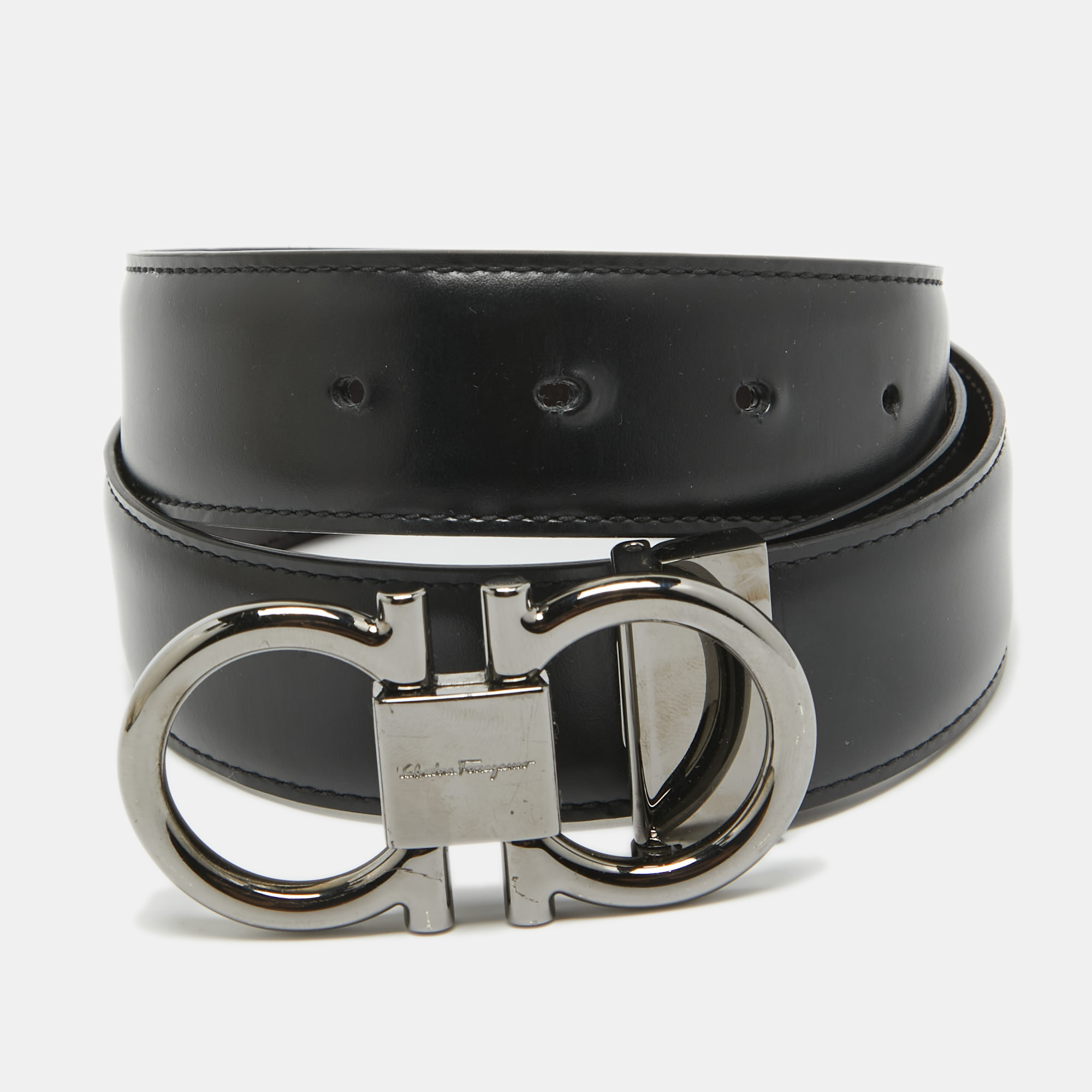 Salvatore ferragamo black/dark brown leather gancini cut to size reversible belt