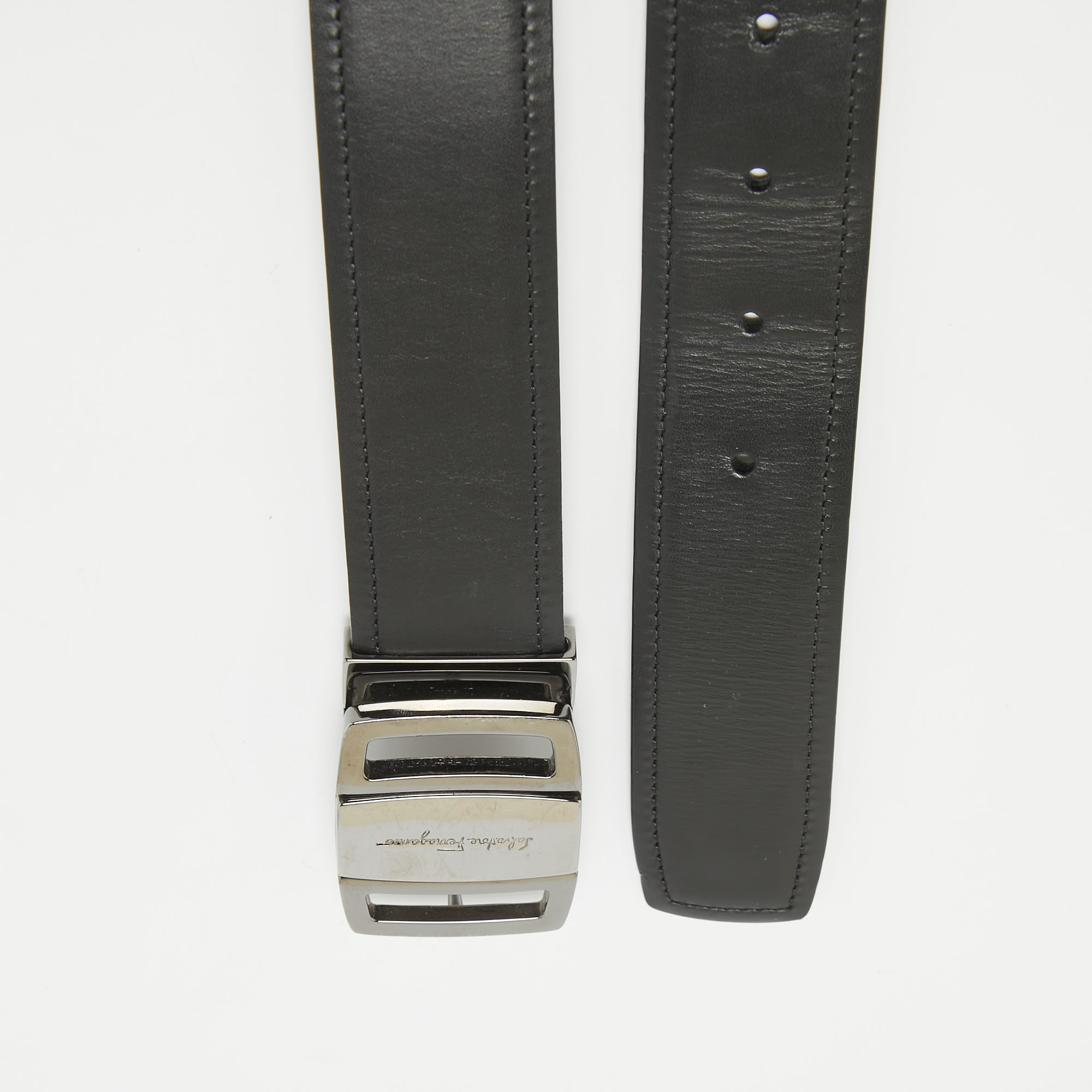 Salvatore Ferragamo Black/Dark Brown Leather Cut To Size Buckle Belt