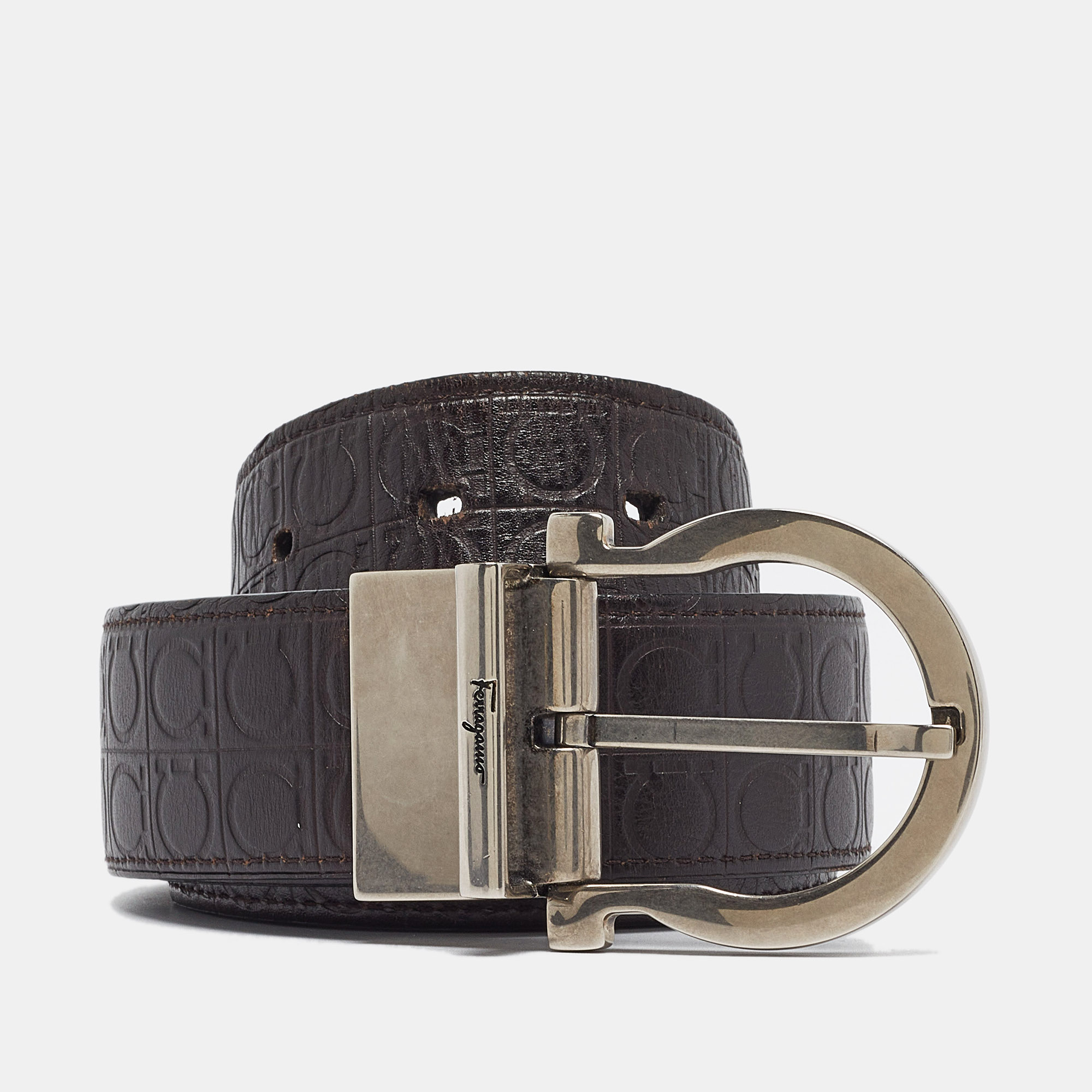 Salvatore ferragamo black/dark brown ganici embossed leather cut to size reversible buckle belt