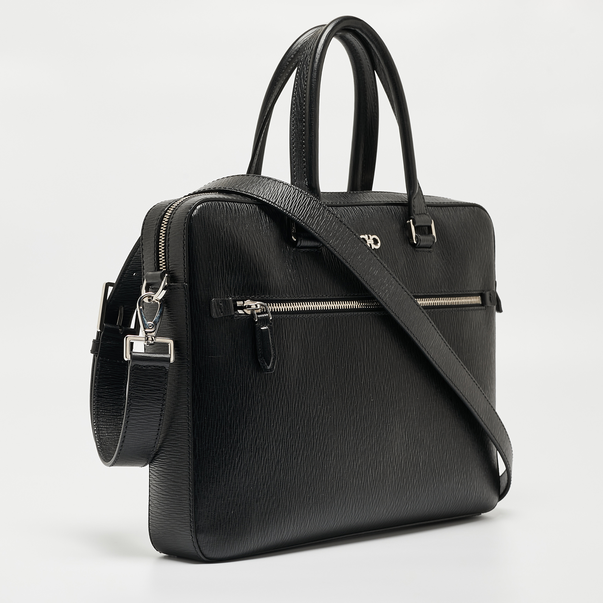 Salvatore Ferragamo Black Leather Gancini Business Bag