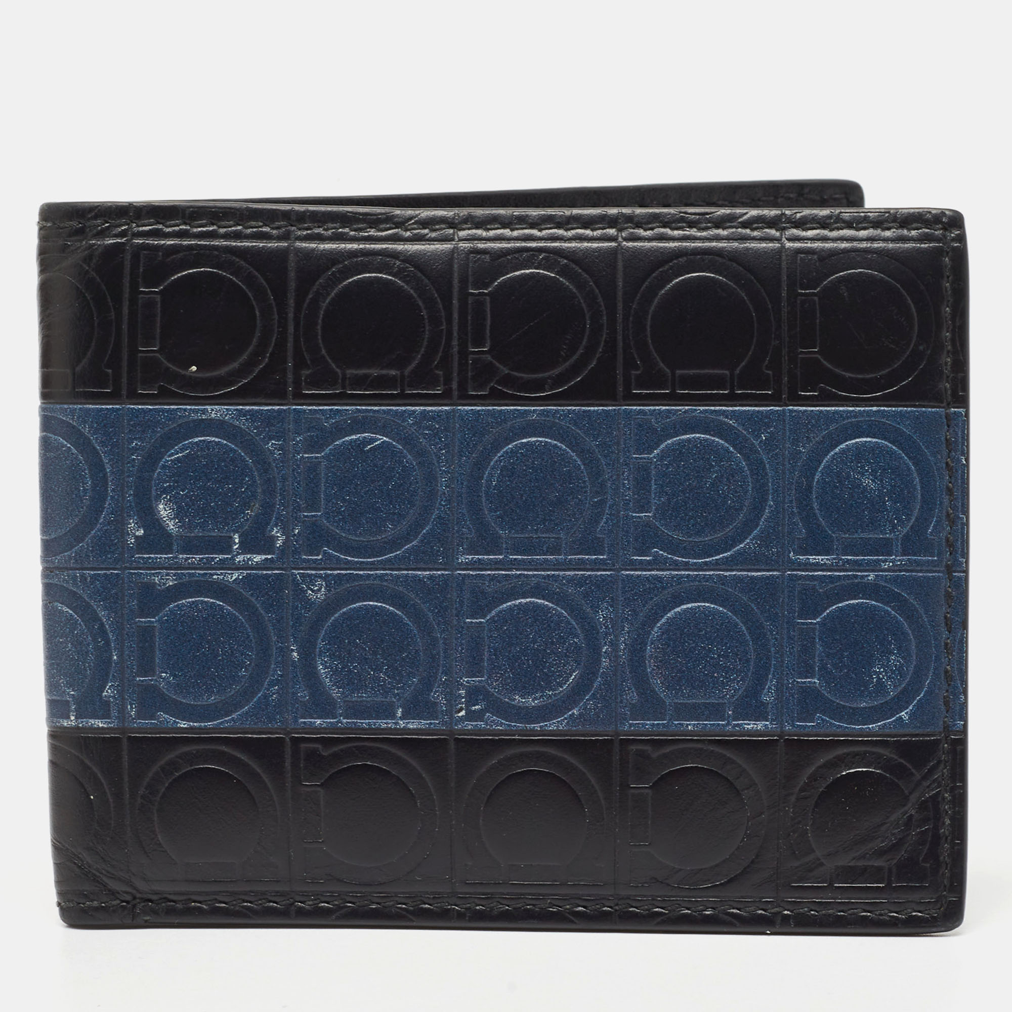 Salvatore ferragamo black/blue logo embossed leather bifold wallet