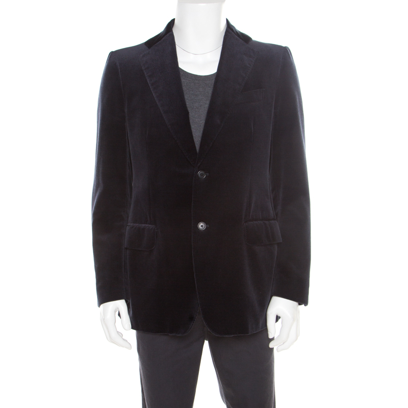 Salvatore Ferragamo Navy Blue Mini Houndstooth Patterned Velvet Blazer L