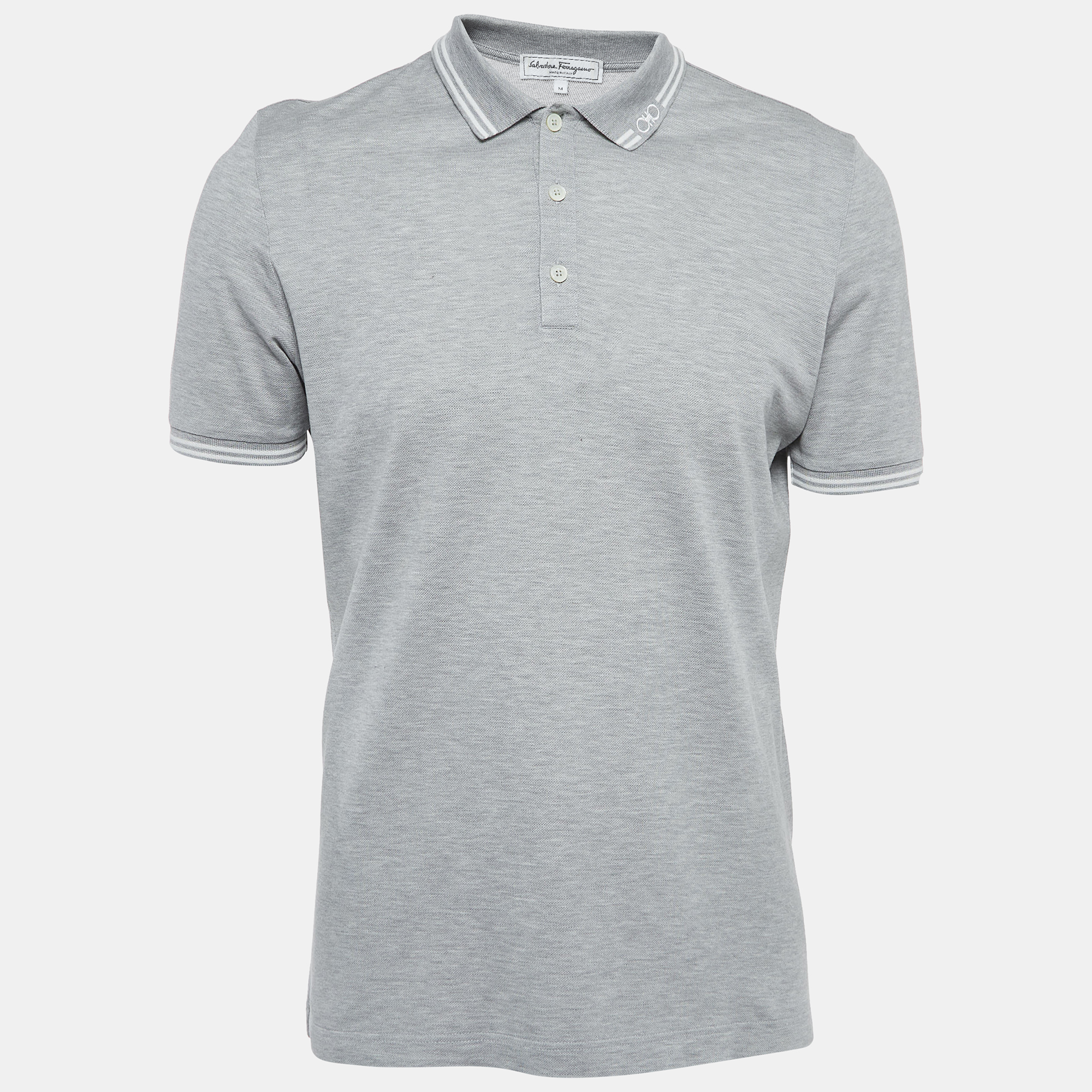 Salvatore Ferragamo Grey Cotton Pique Polo T-Shirt M