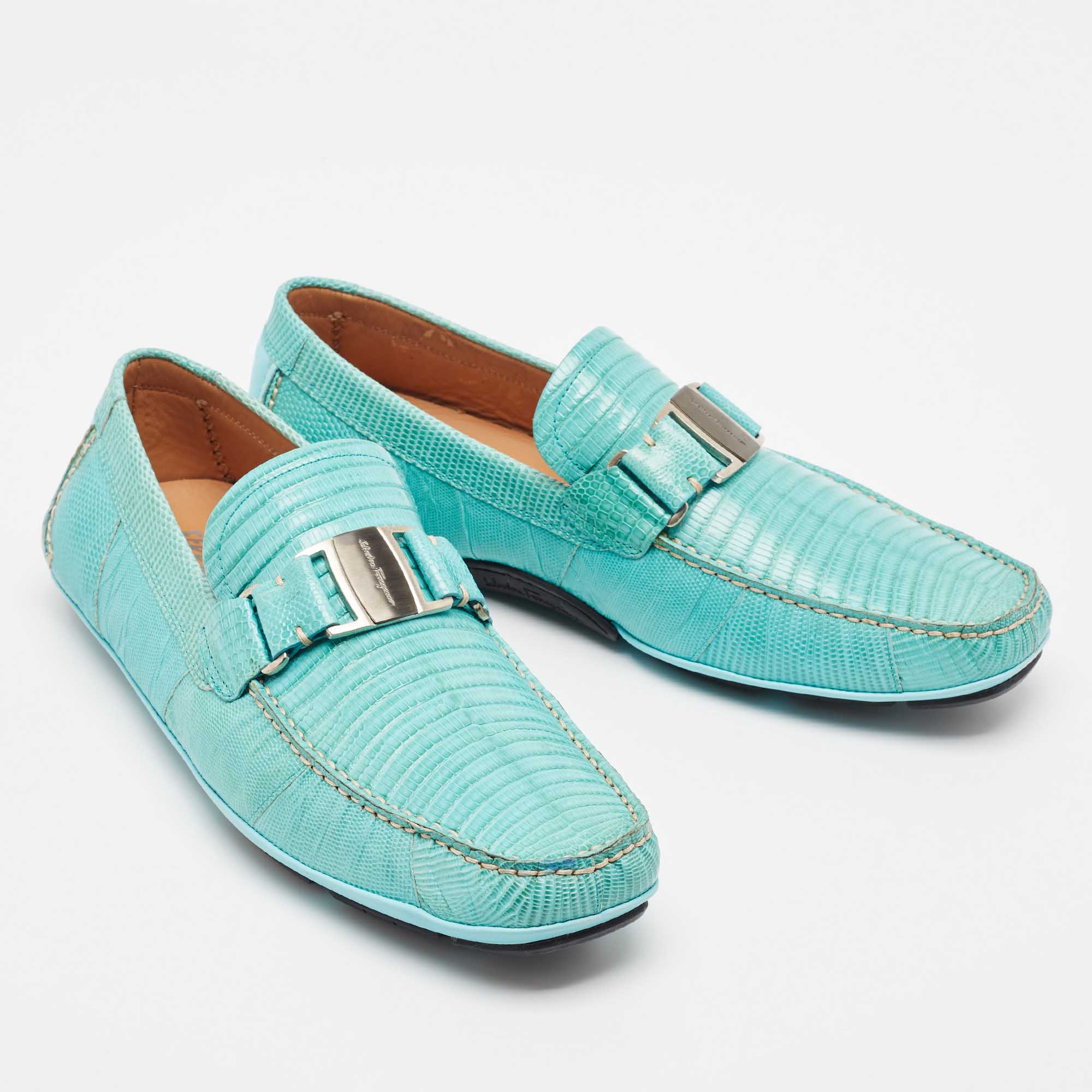 Salvatore Ferragamo Blue Lizard Leather Sardegna Loafers Size 44