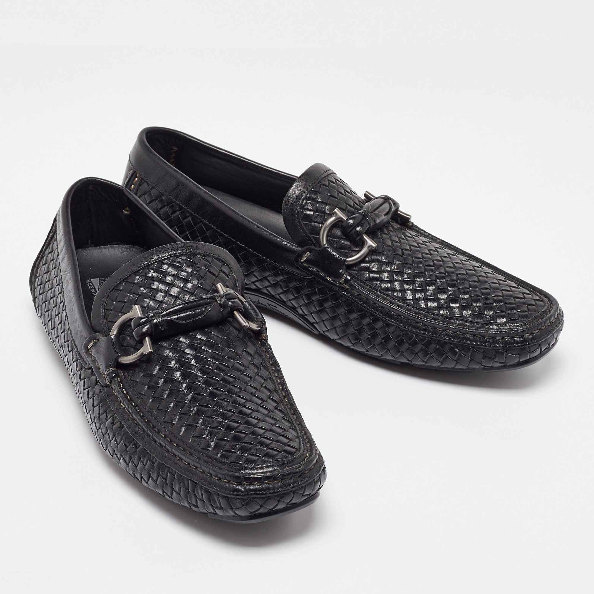 Salvatore Ferragamo Black Woven Leather Gancini Penny Loafers Size 40