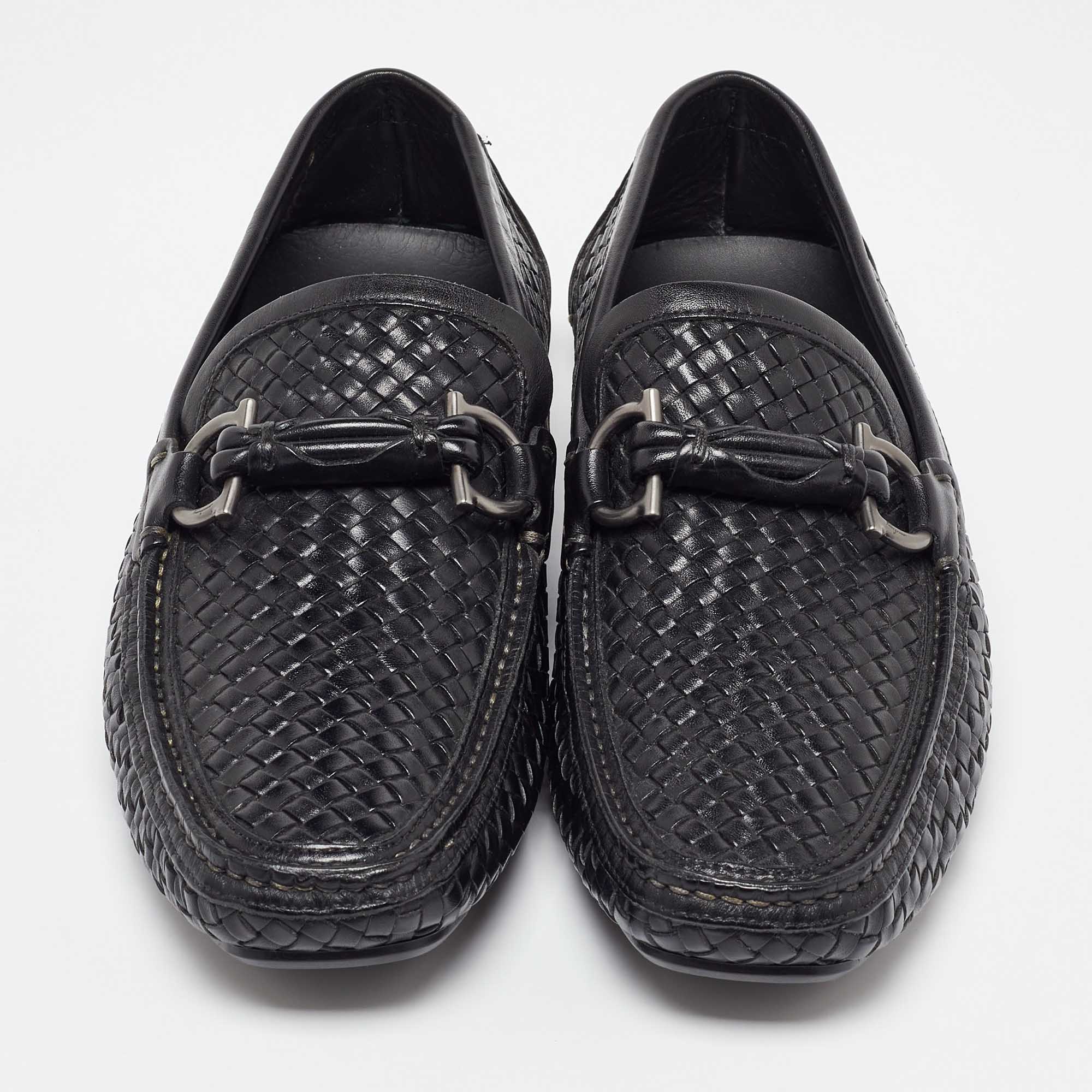 Salvatore Ferragamo Black Woven Leather Gancini Penny Loafers Size 40