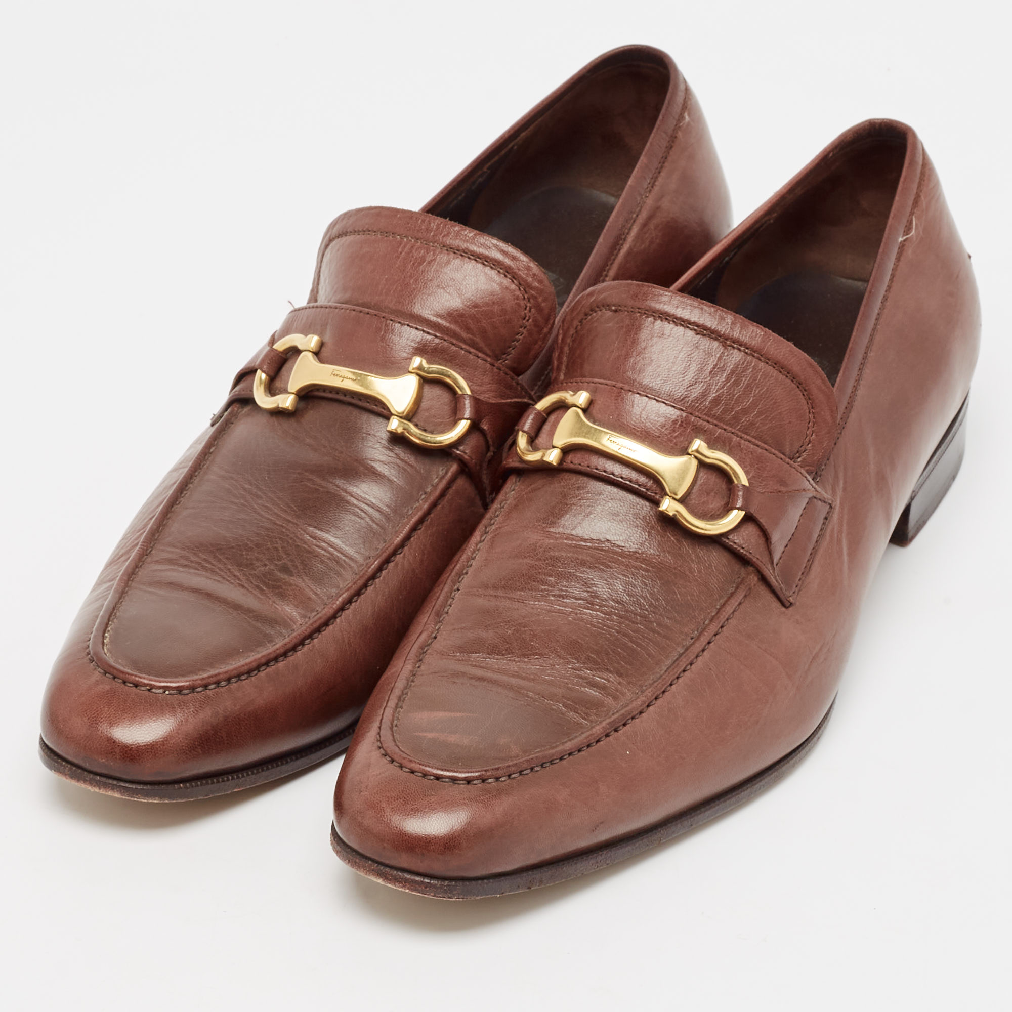 Salvatore Ferragamo Brown Leather Gancini Loafers Size 43.5