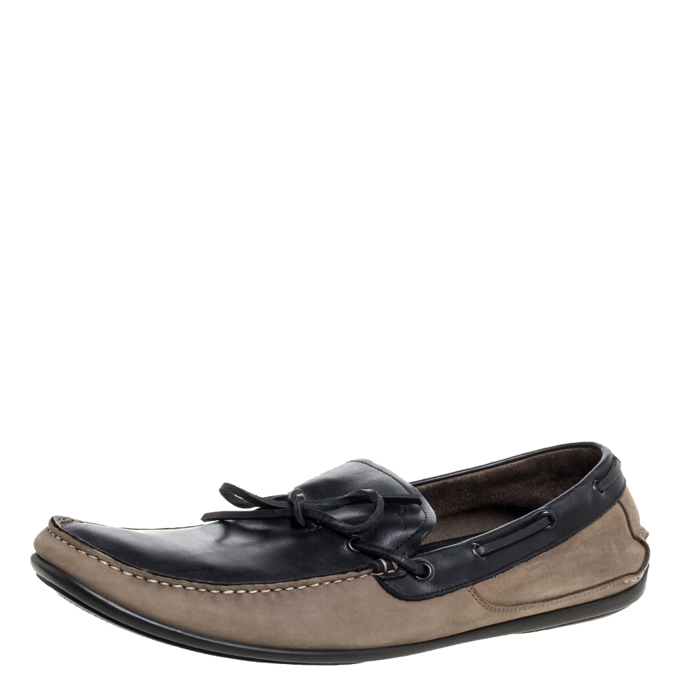 Salvatore ferragamo brown/grey nubuck leather bow slip on loafers size 46