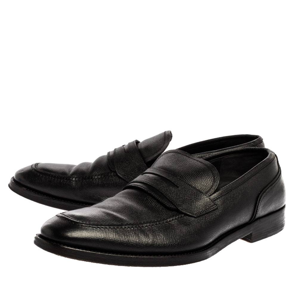 Salvatore Ferragamo Black Textured Leather Penny Loafers Size 44.5