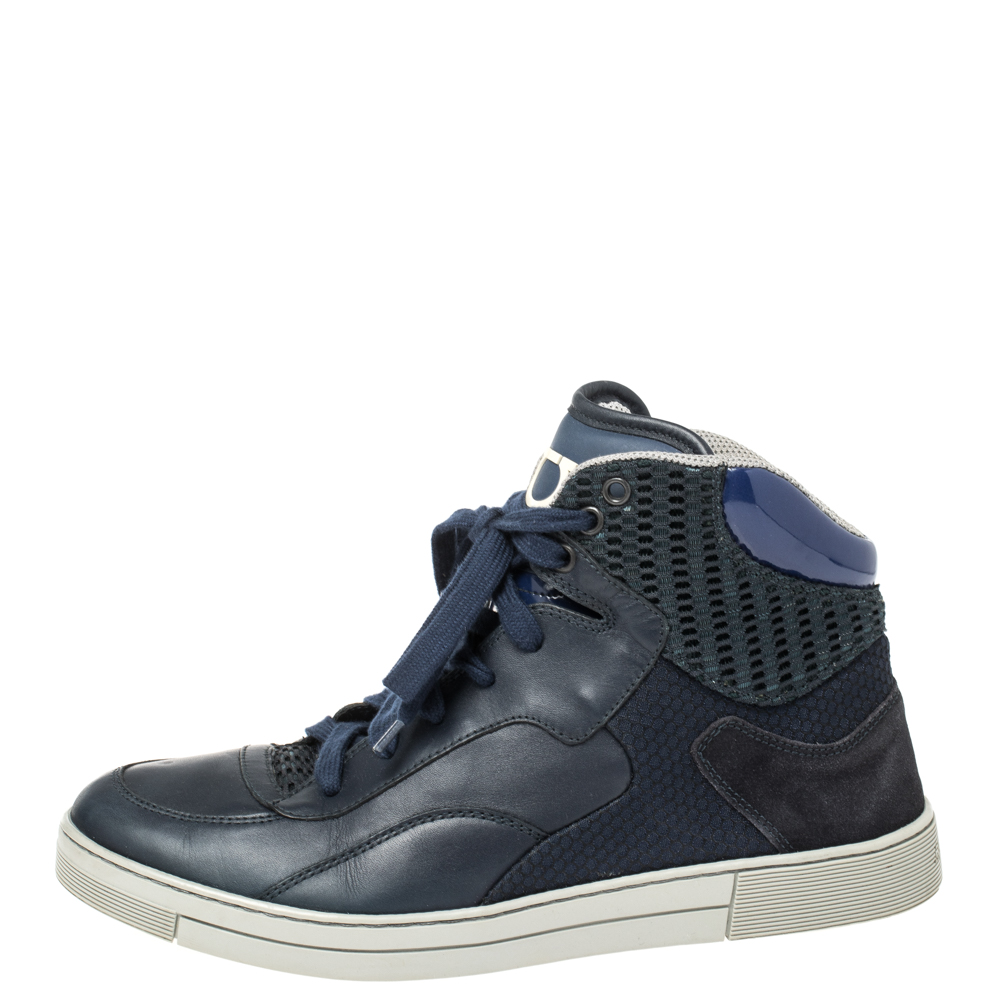 Salvatore Ferragamo Blue Leather And Mesh High Top Sneakers Size 41