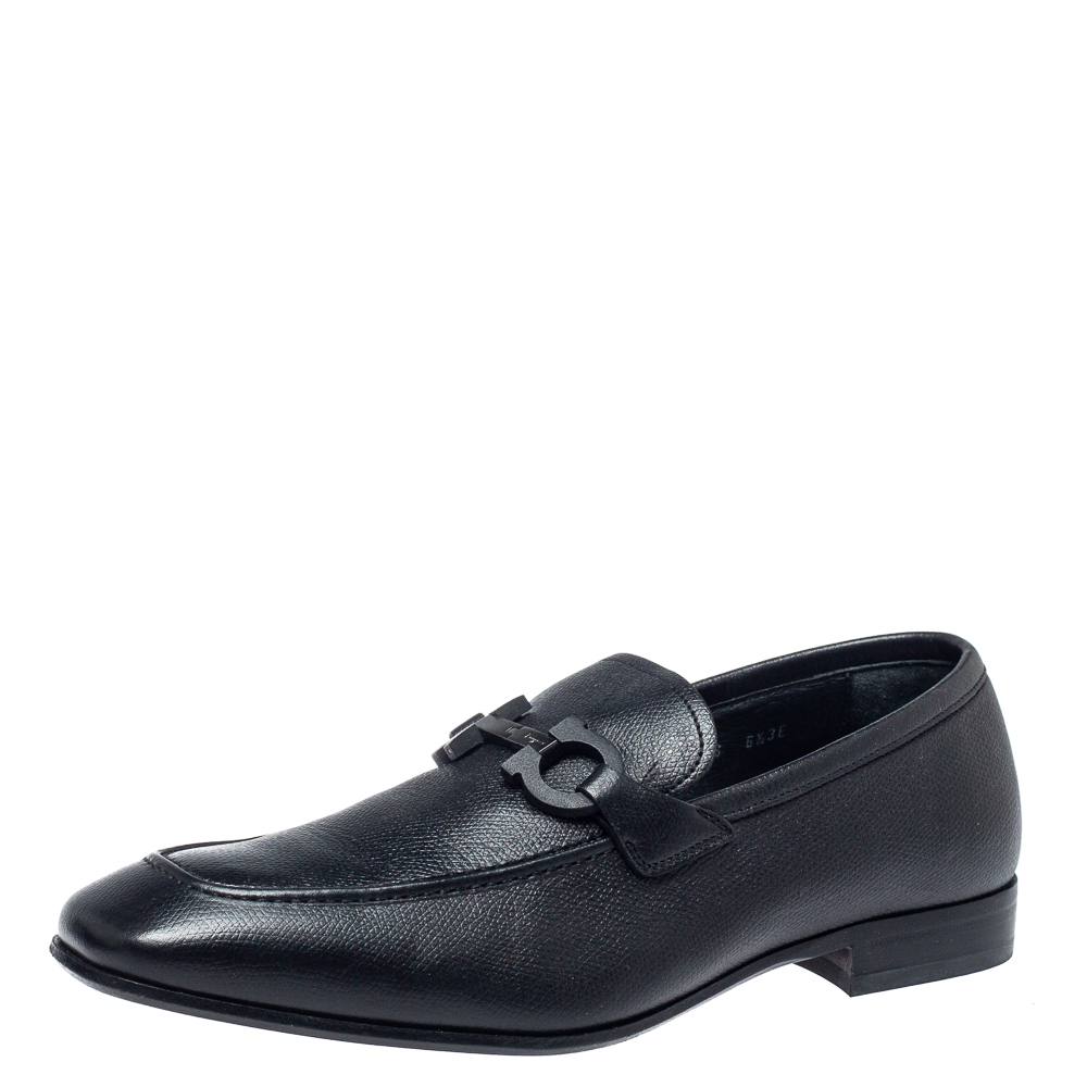 Salvatore Ferragamo Black Leather Double Gancio Loafers Size 40.5