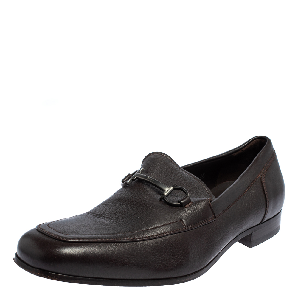 Salvatore Ferragamo Brown Leather Gancini Bit Slip On Loafers Size 43.5