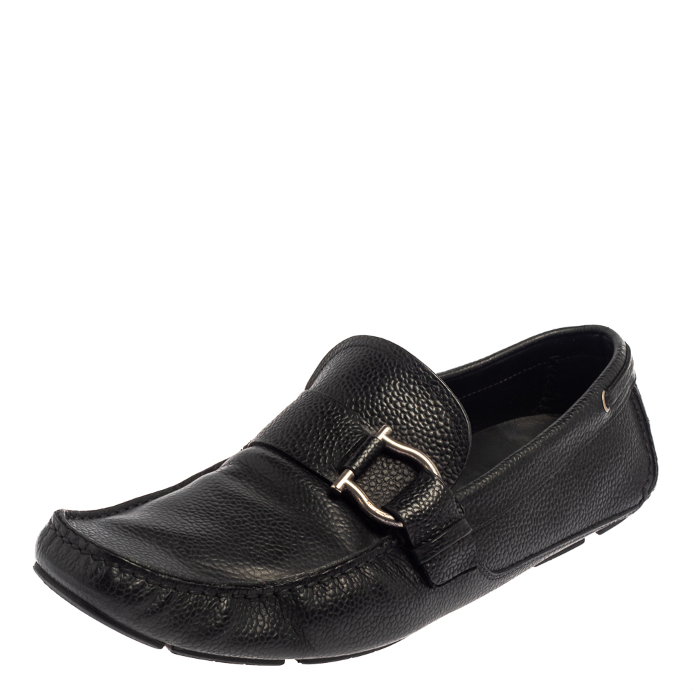 Salvatore Ferragamo Black Leather Gancio Slip On Loafers Size 44
