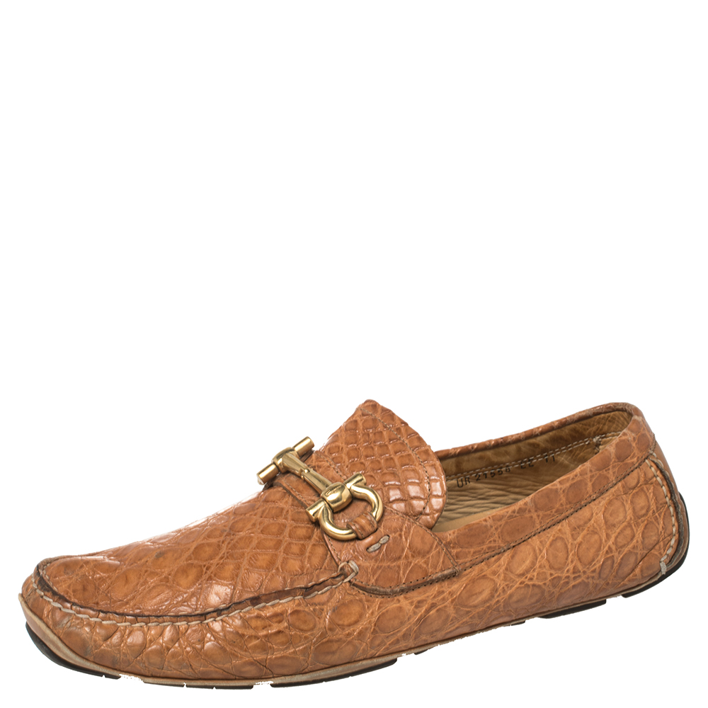 Salvatore Ferragamo Light Brown Croc Leather Parigi Slip On Loafers Size 45