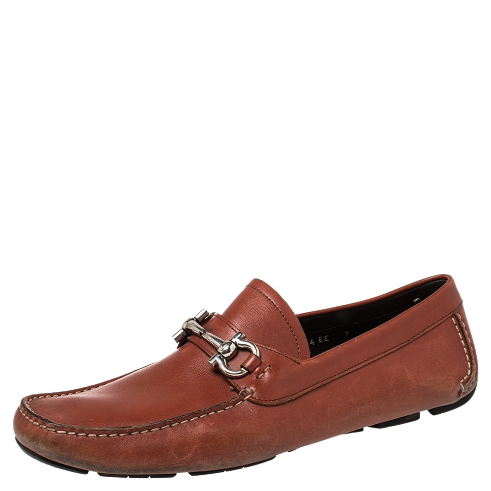 Salvatore Ferragamo Red Leather Gancini Slip On Loafers Size 43