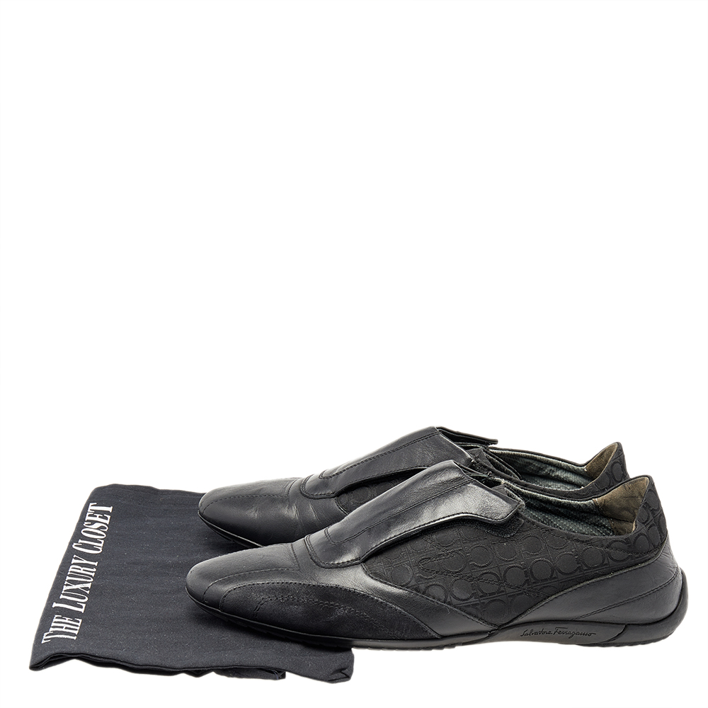 Salvatore Ferragamo Black Leather And Signature Canvas Slip On Sneakers Size 42