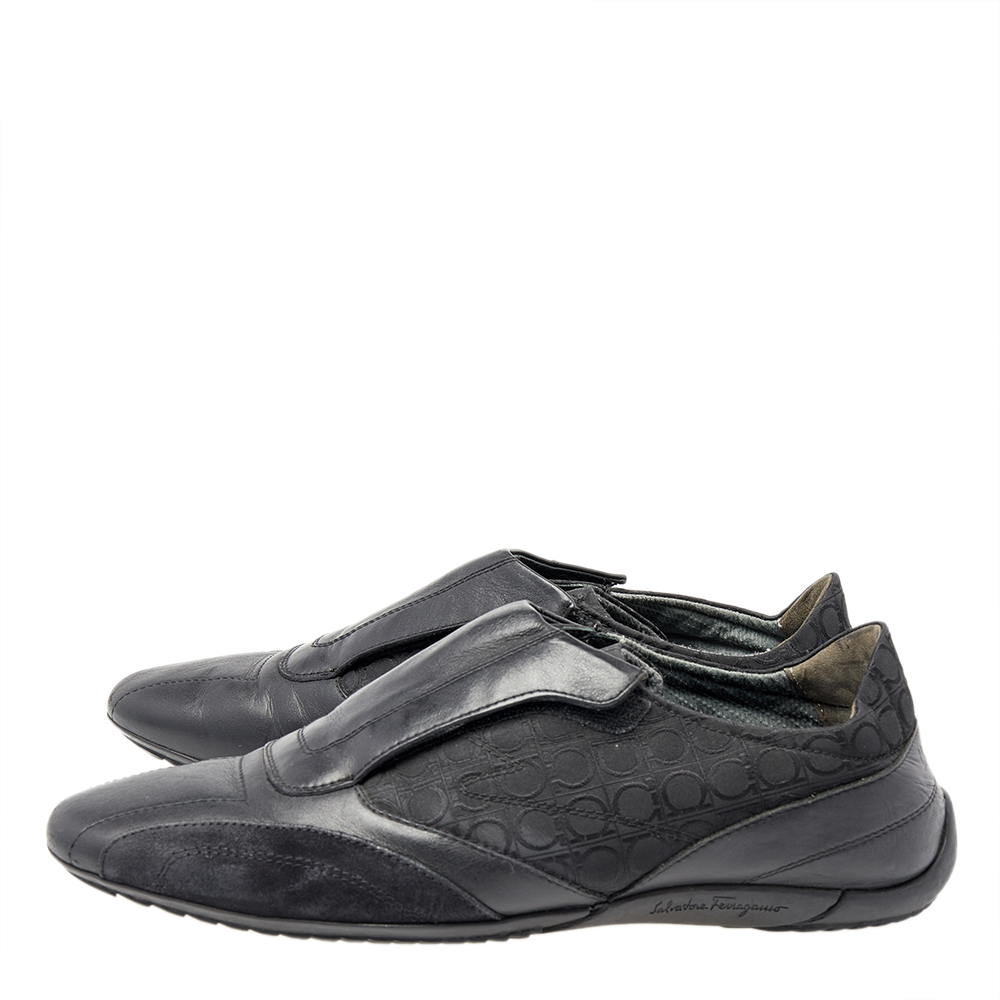 Salvatore Ferragamo Black Leather And Signature Canvas Slip On Sneakers Size 42