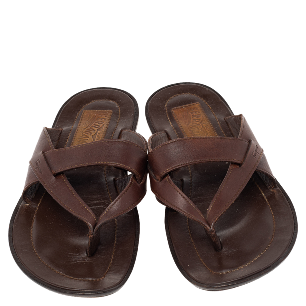 Salvatore Ferragamo Brown Leather Thong Sandals Size 40.5