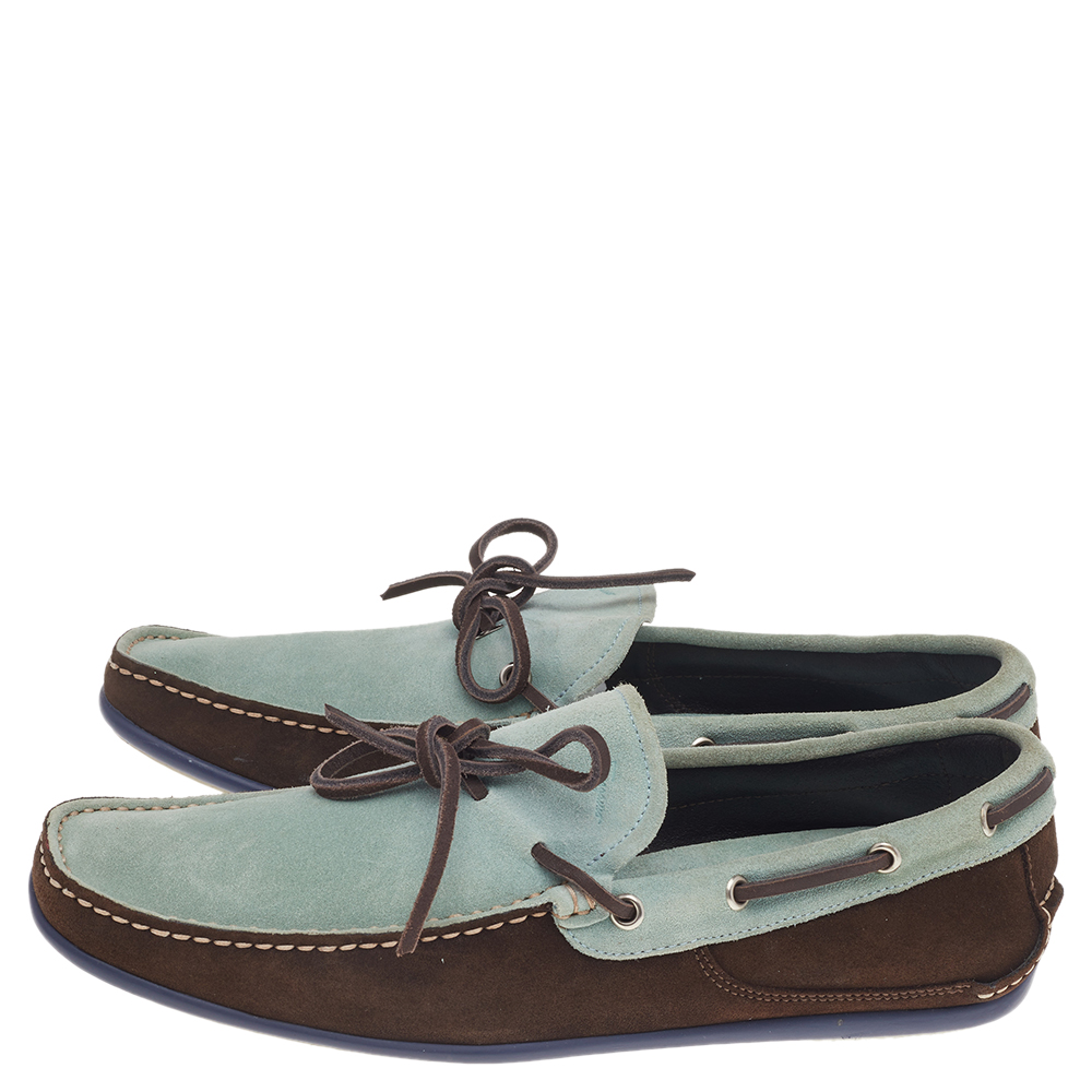 Salvatore Ferragamo Mint Green/Brown Suede And Leather Slip On Loafers Size 41.5