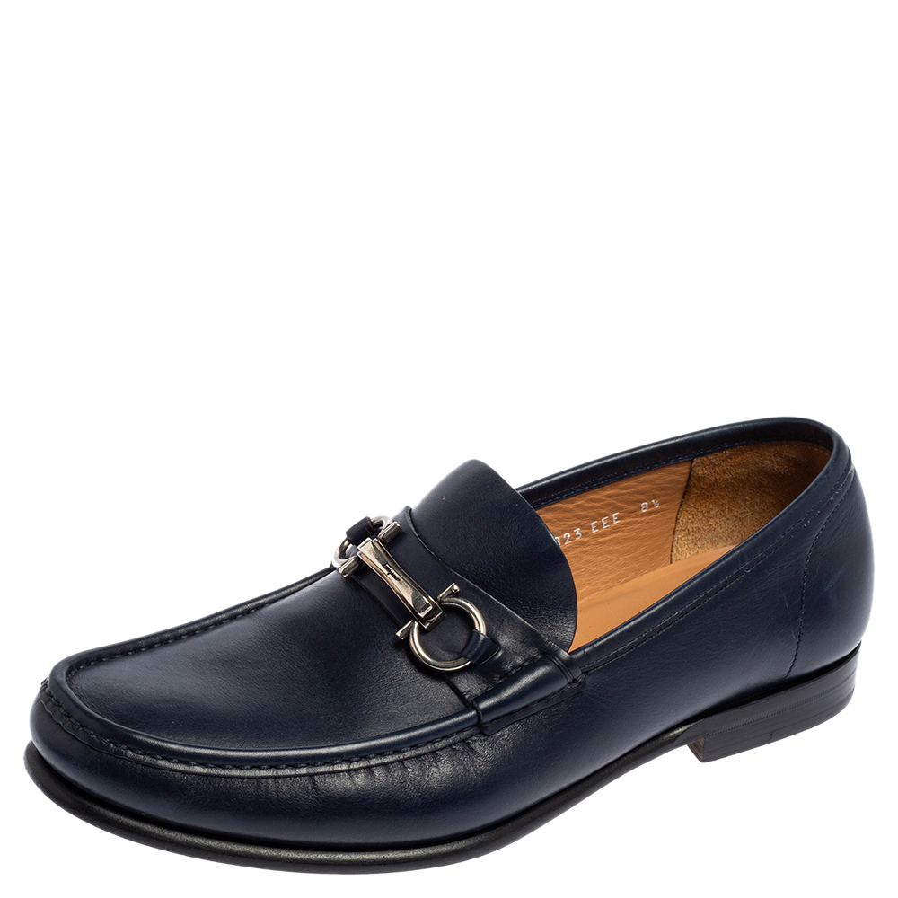 Salvatore Ferragamo Navy Blue Leather Gancini Bit Loafers Size 42.5