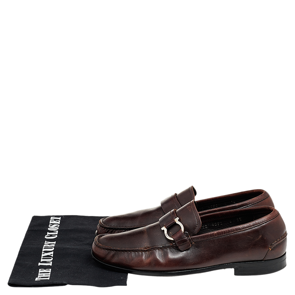 Salvatore Ferragamo Brown Leather Gancio Slip On Loafers Size 40