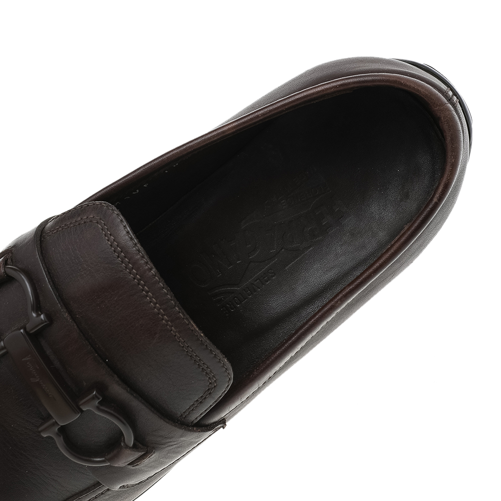 Salvatore Ferragamo Dark Brown Leather Gancini Bit Slip On Loafers Size 42