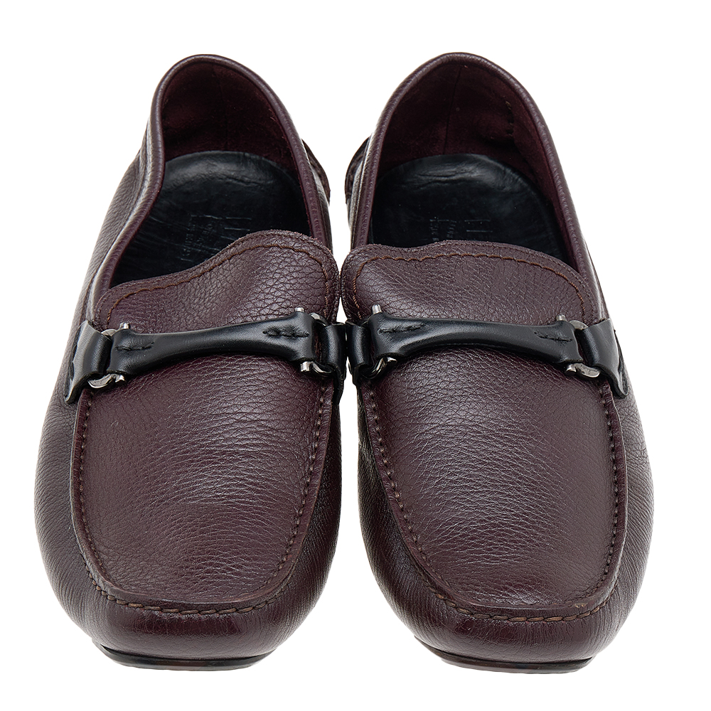 Salvatore Ferragamo Burgundy/Black Leather Gancini Bit Slip On Loafers Size 43