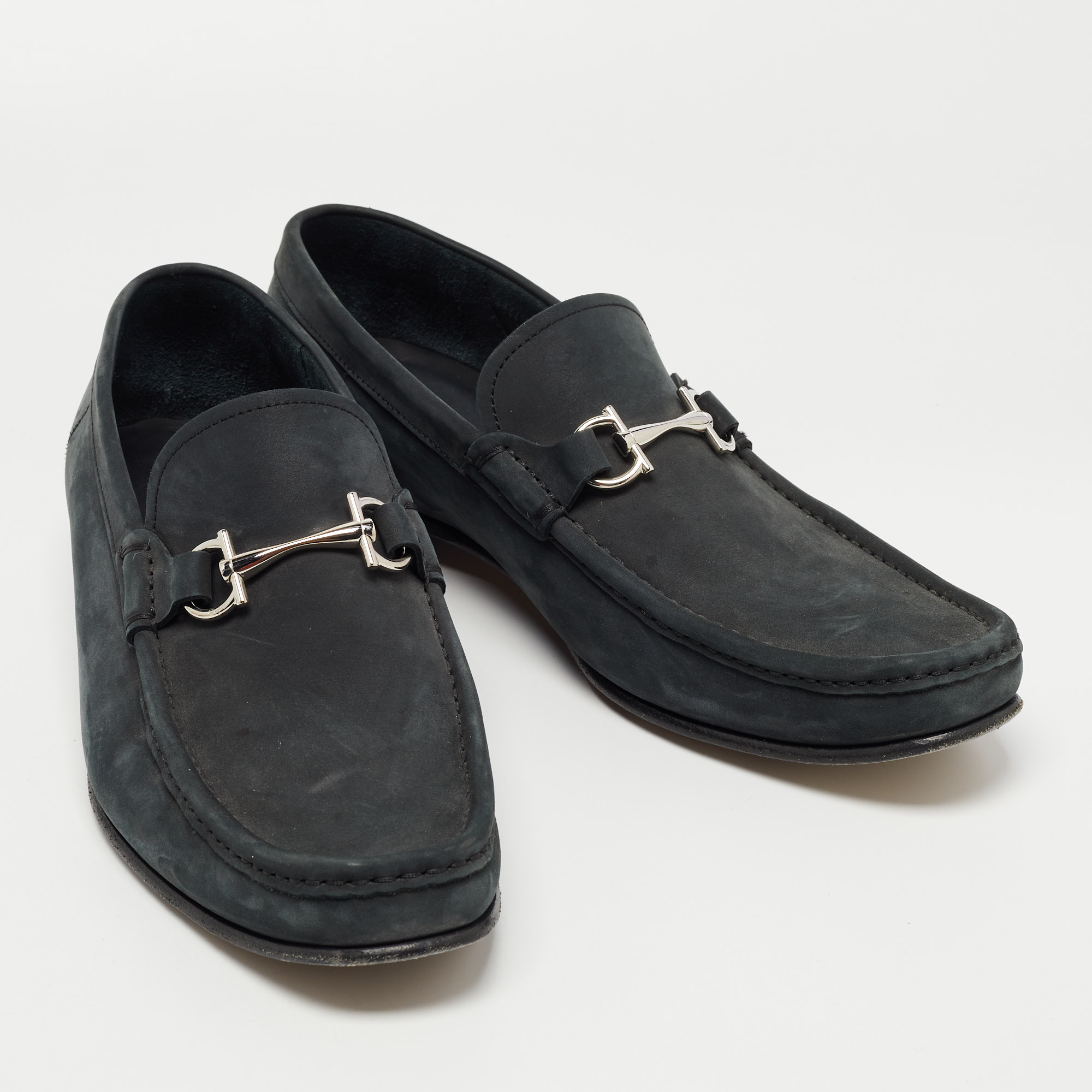 Salvatore Ferragamo Dark Grey Nubuck Leather Gancini Loafers Size 44.5