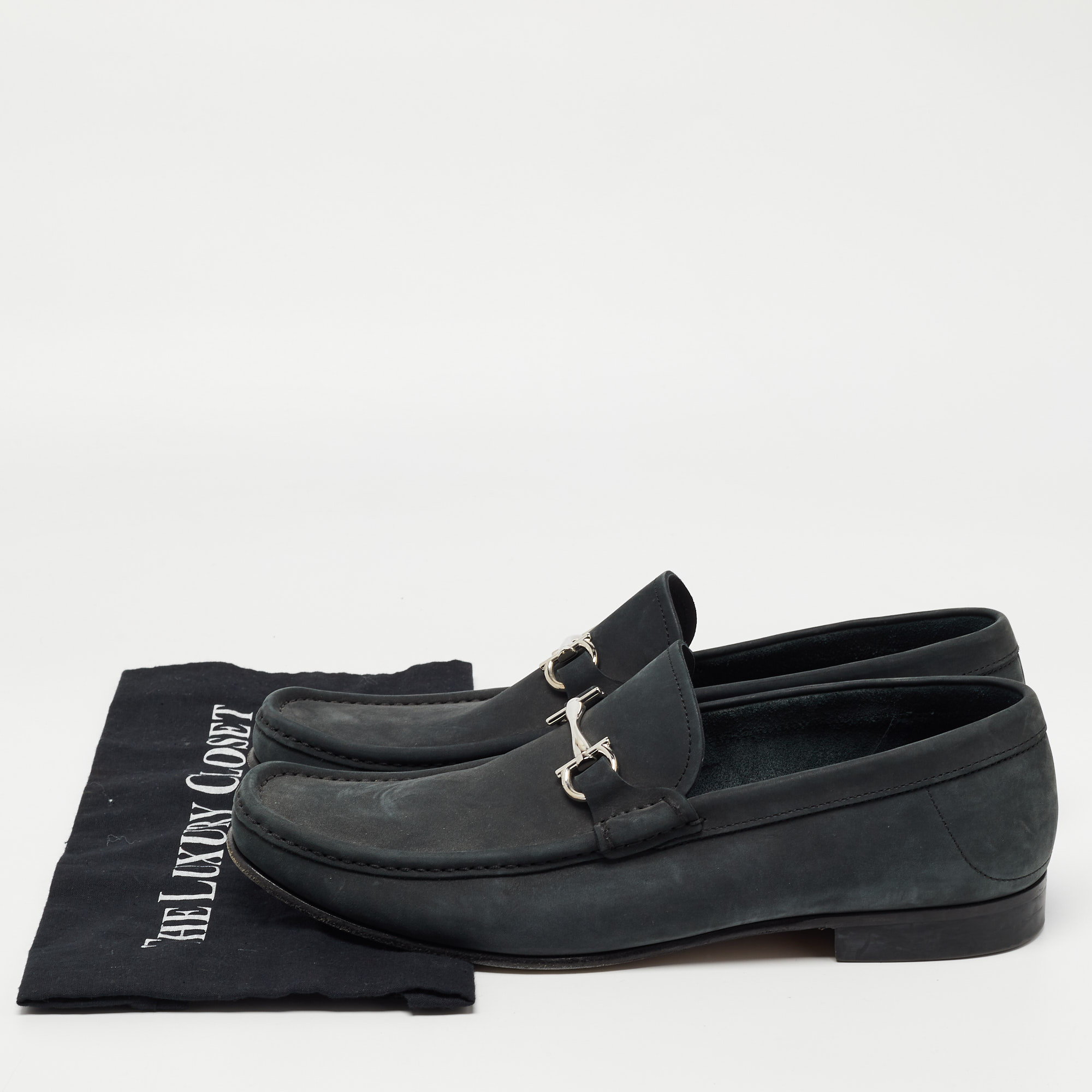 Salvatore Ferragamo Dark Grey Nubuck Leather Gancini Loafers Size 44.5