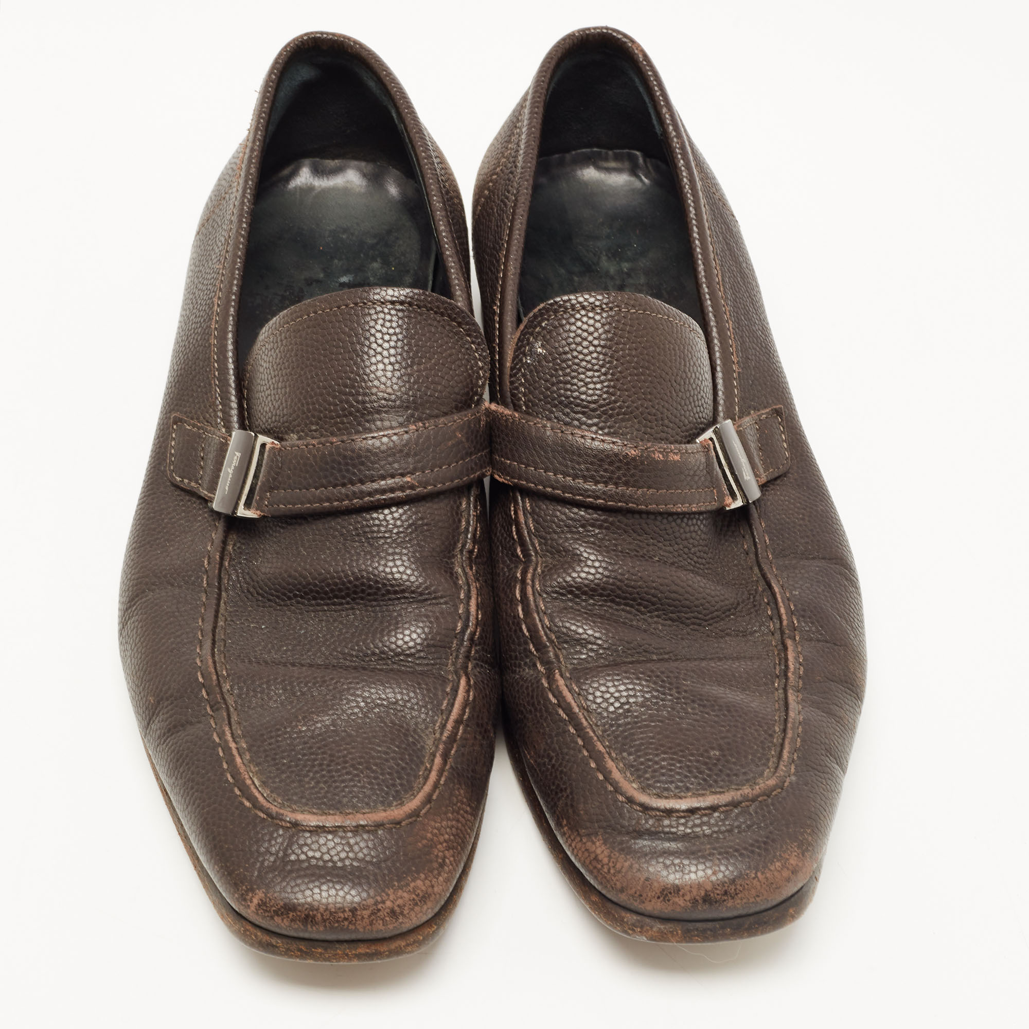 Salvatore Ferragamo Dark Brown Leather Side Buckle Loafers Size 39.5