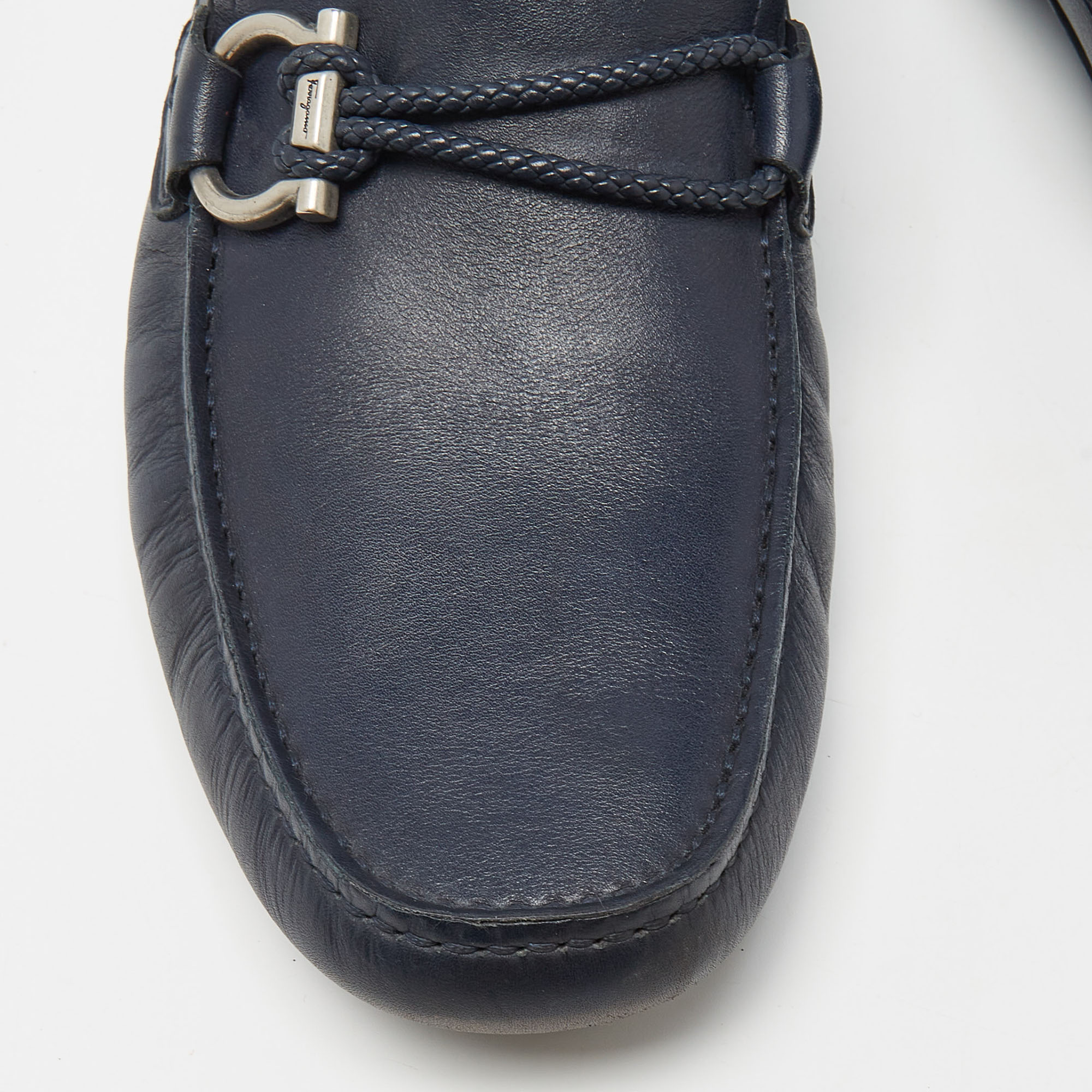 Salvatore Ferragamo Navy Blue Leather Slip On Loafers Size 42.5