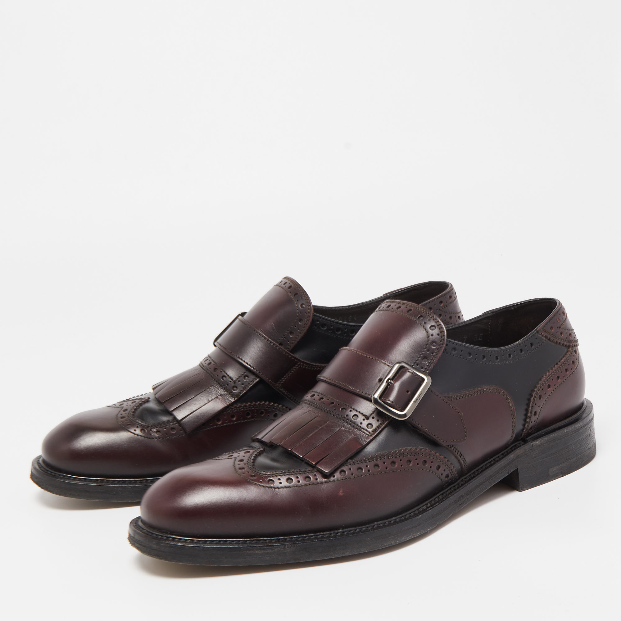 Salvatore Ferragamo Burgundy/Black Brogue Leather Genesis Fringe Loafers Size 41