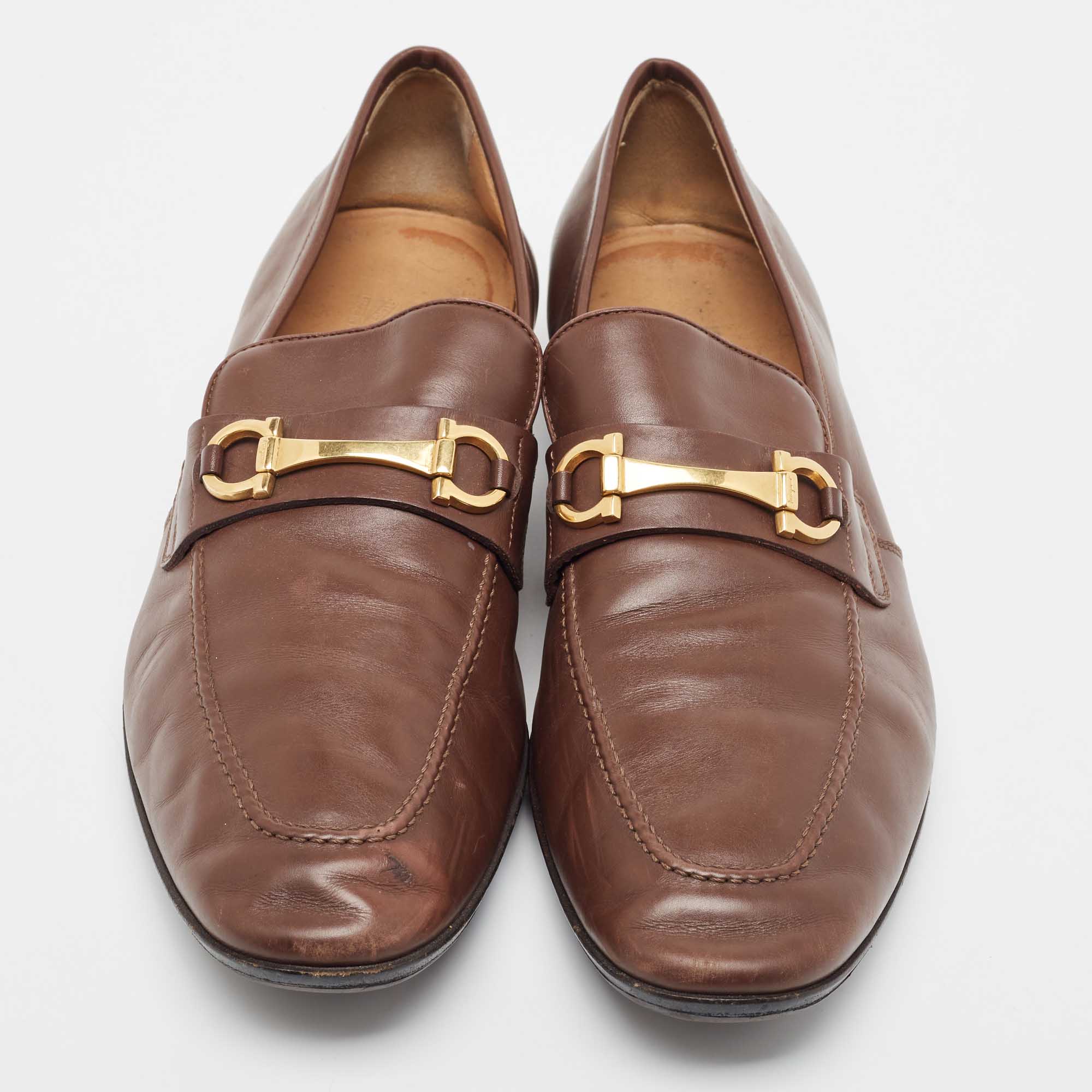 Salvatore Ferragamo Brown Leather Horsebit Slip On Loafers Size 45