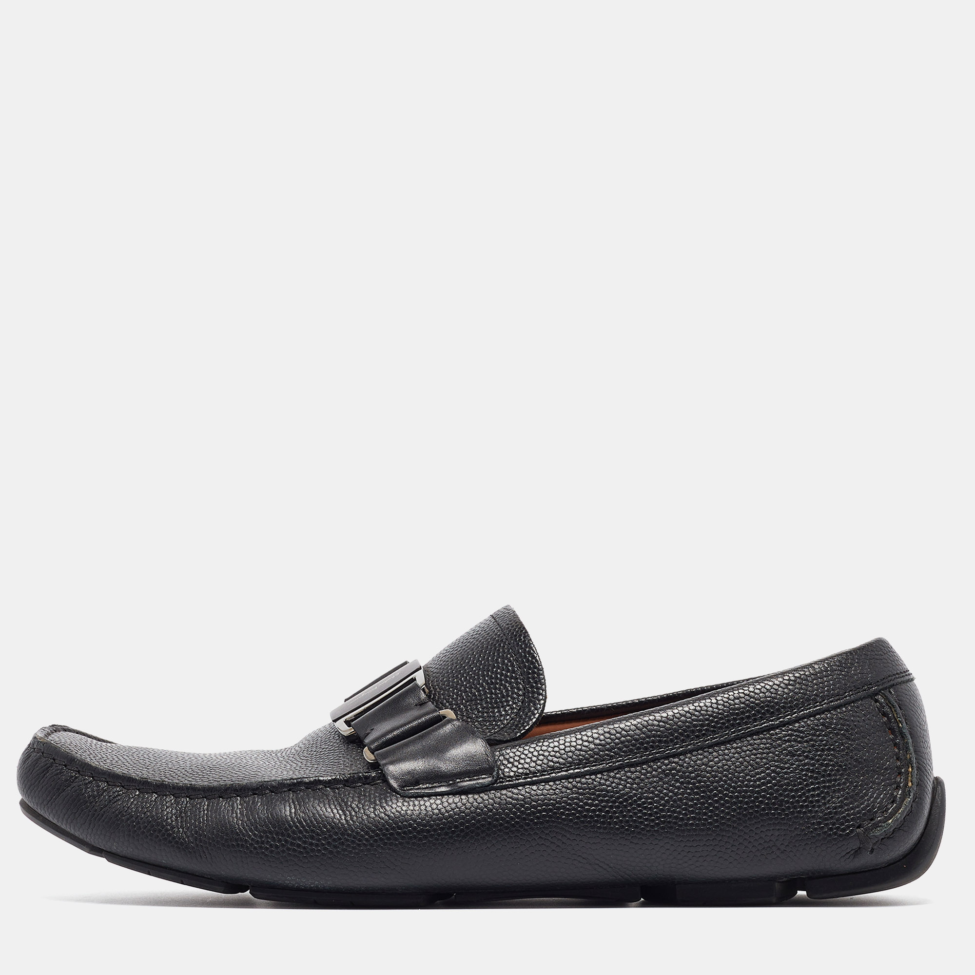 Salvatore ferragamo black leather buckle detail loafers size 43.5