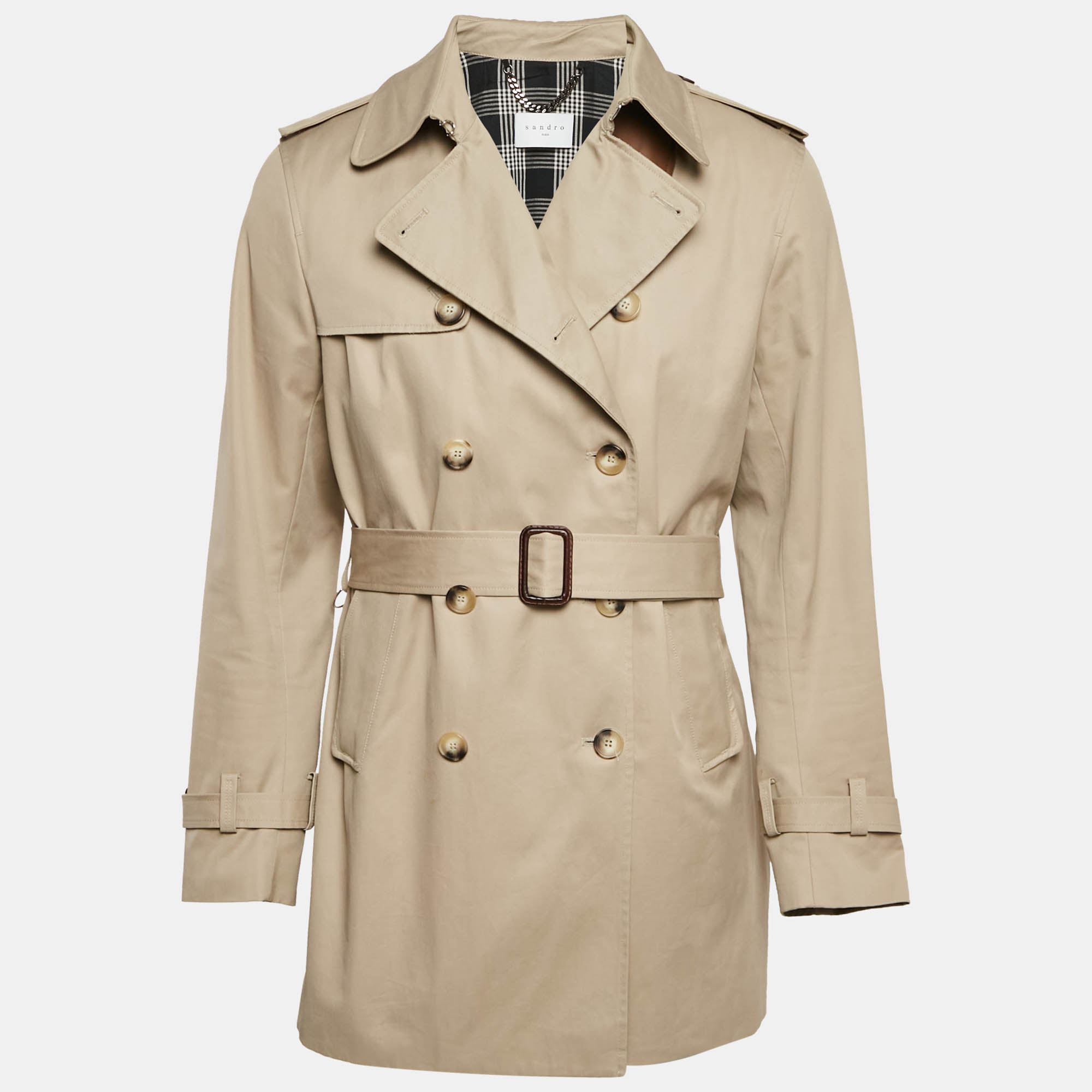 Sandro Beige Gabardine Cotton Long Double Breasted Trench Coat XL