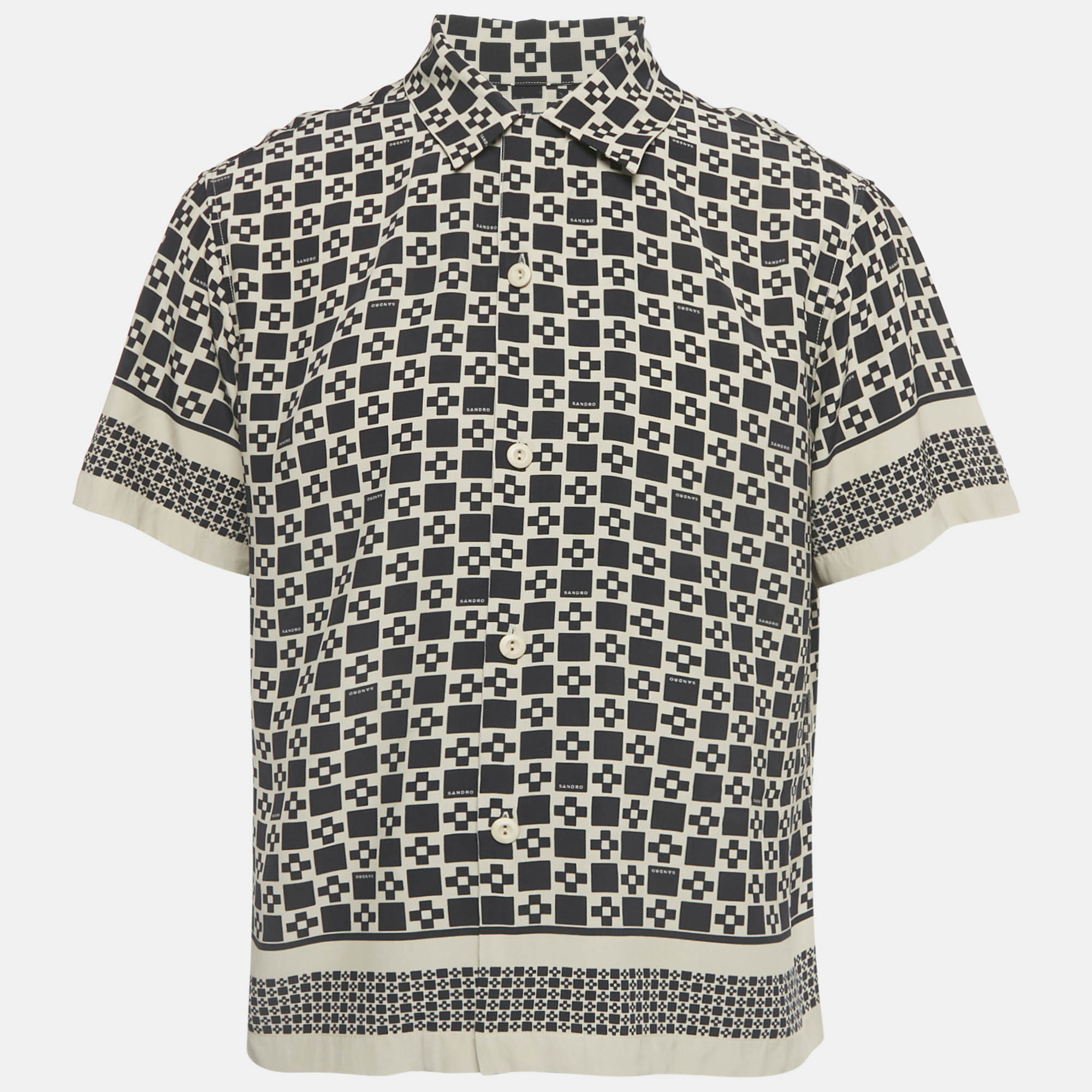 Sandro Black/Beige Printed Crepe Short Sleeve Shirt L 
Sandro Black/Beige Printed Crepe Short Sleeve Shirt L