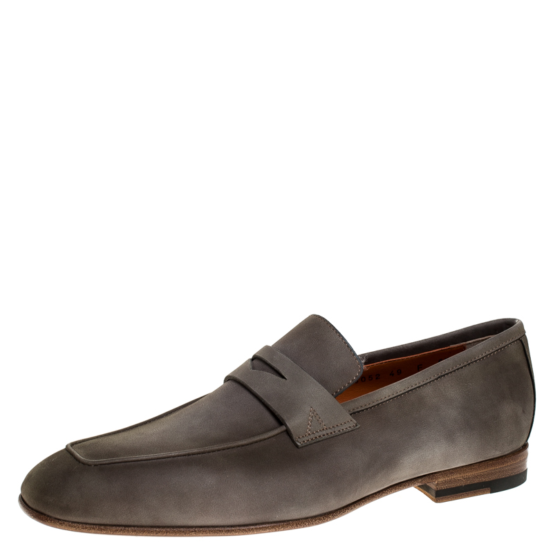 Image of Santoni Grey Nubuck Leather Penny Slip On Loafers Size .