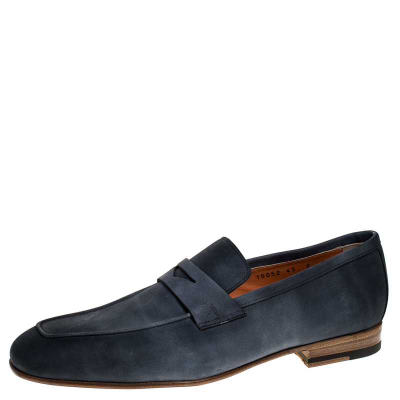 Image of Santoni Blue Nubuck Leather Penny Slip On Loafers Size
