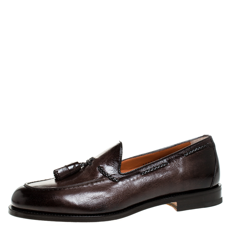 Image of Santoni Brown Leather Tassel Detail Slip On Loafers Size .
