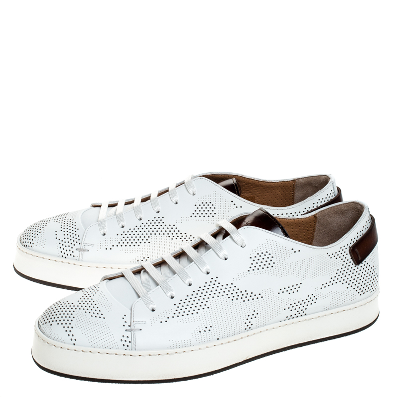 Santoni White Perforated Leather Low Top Sneakers Size 39.5