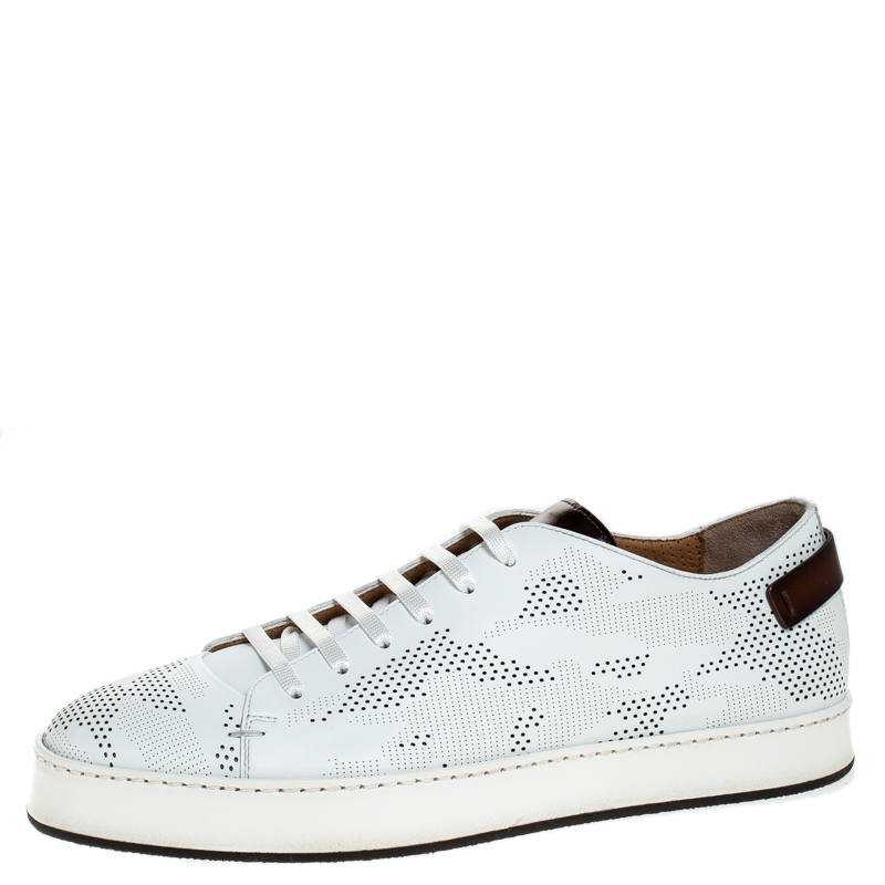 Image of Santoni White Perforated Leather Low Top Sneakers Size