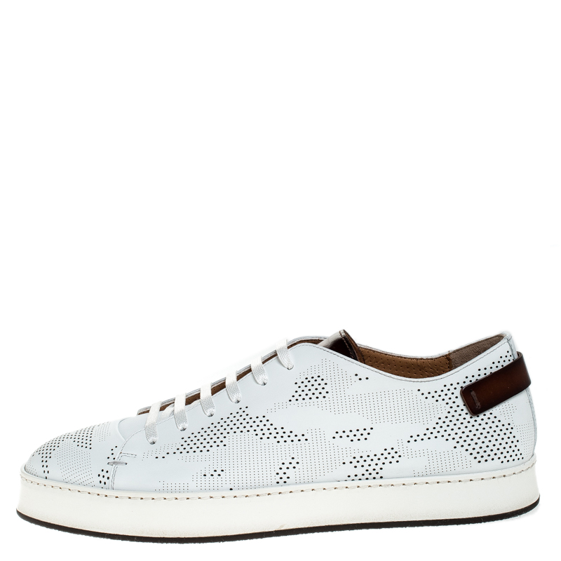 

Santoni White Perforated Leather Low Top Sneakers Size