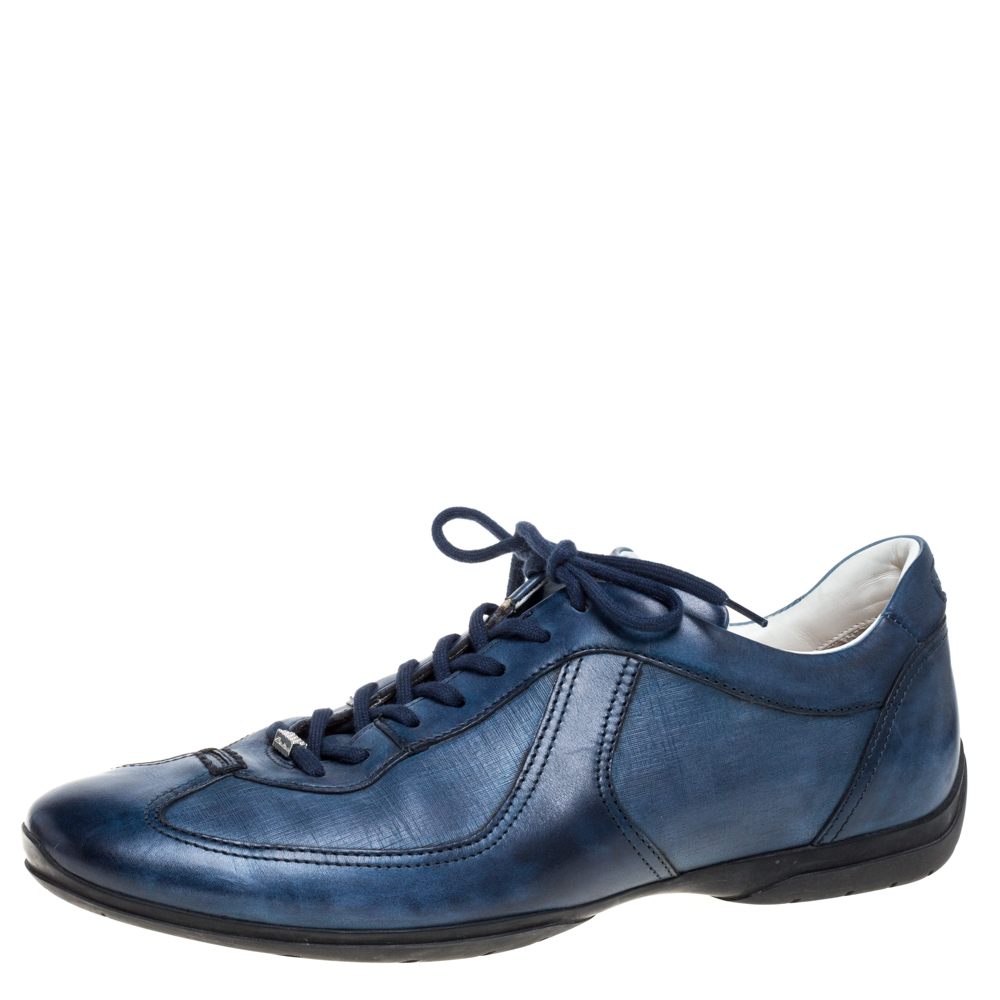 Image of Santoni Ombre Blue Leather Low Top Sneakers Size .