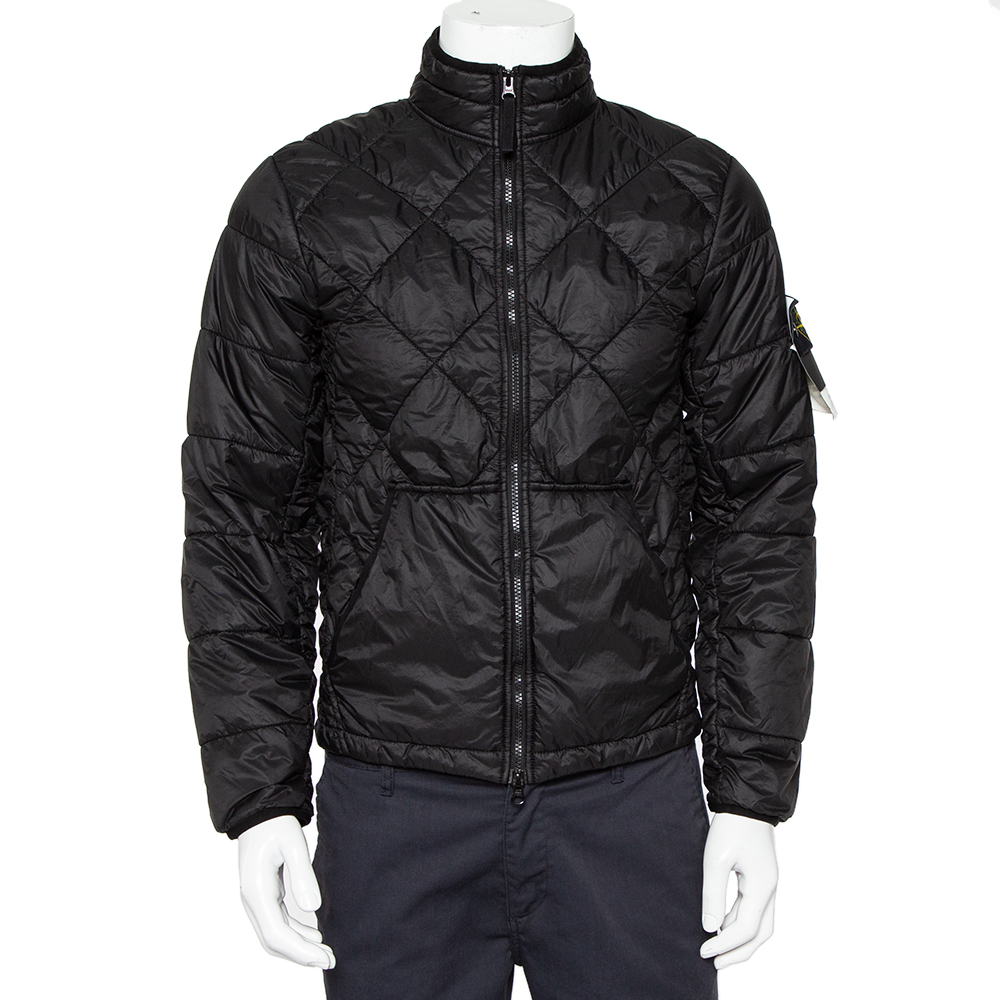 Stone Island Black Synthetic Quilted Zip Front Jacket M