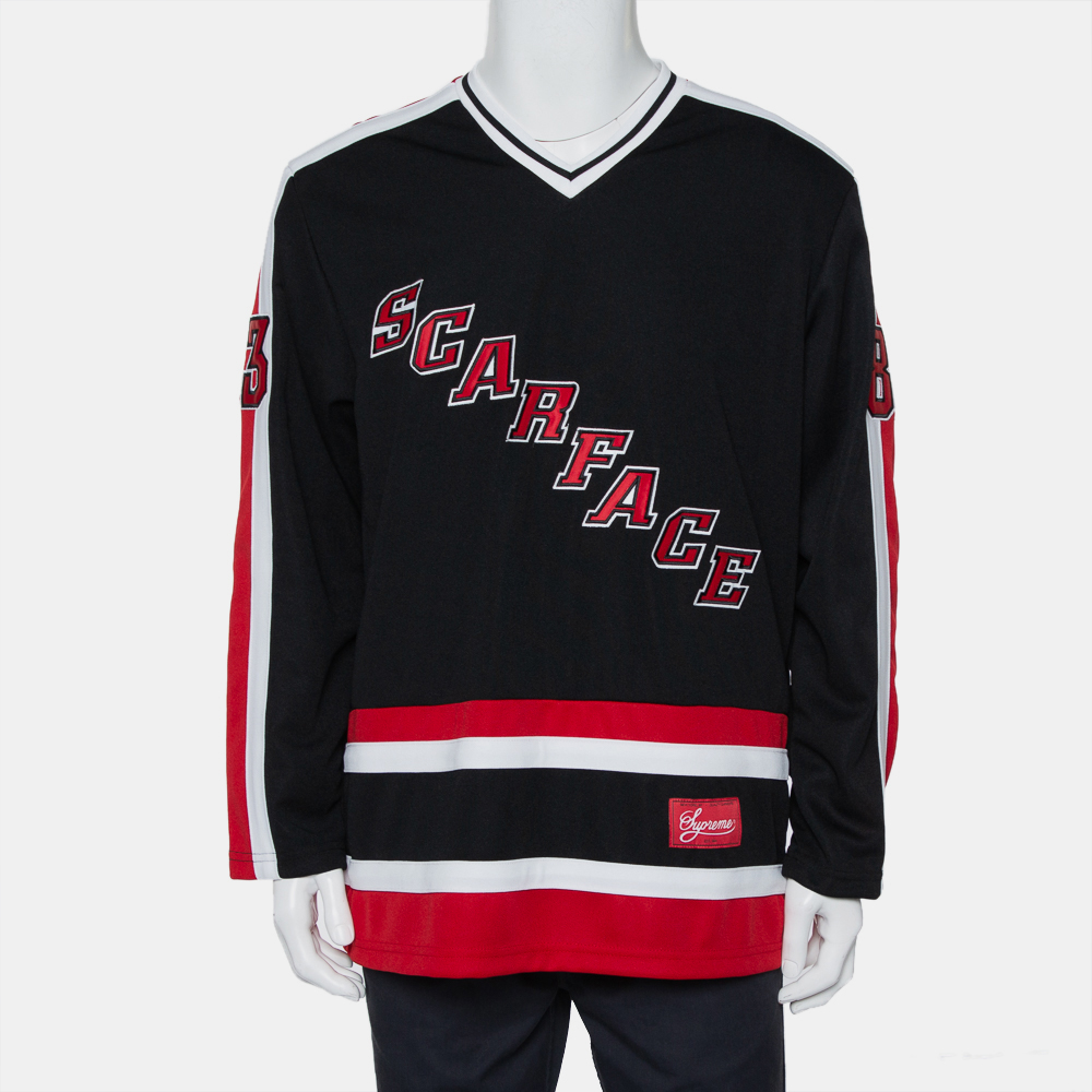 Supreme black scarface embroidered synthetic paneled hockey jersey l