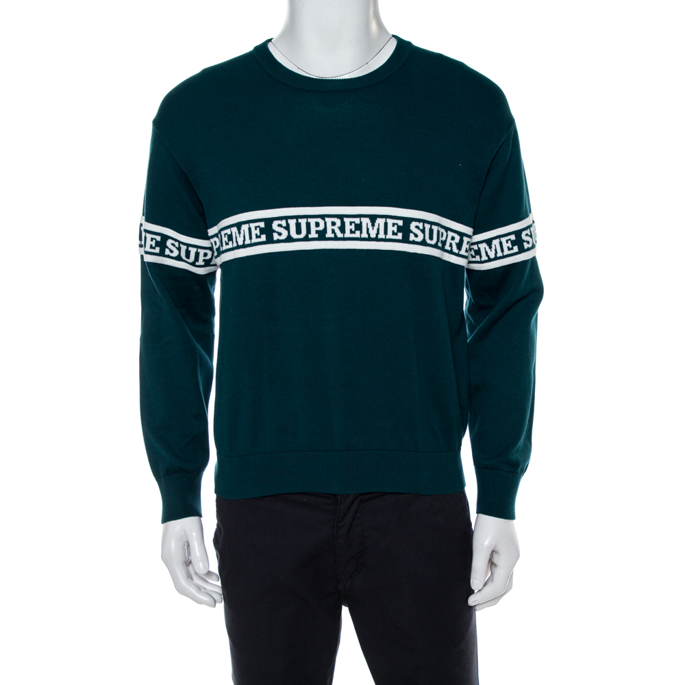 Image of Supreme Dark Green Intarsia Knit Logo Detail Crewneck Jumper S