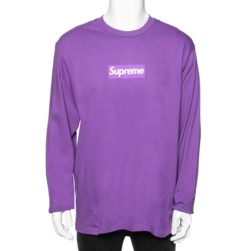 Supreme Purple Cotton Logo Printed Crew Neck T-Shirt L