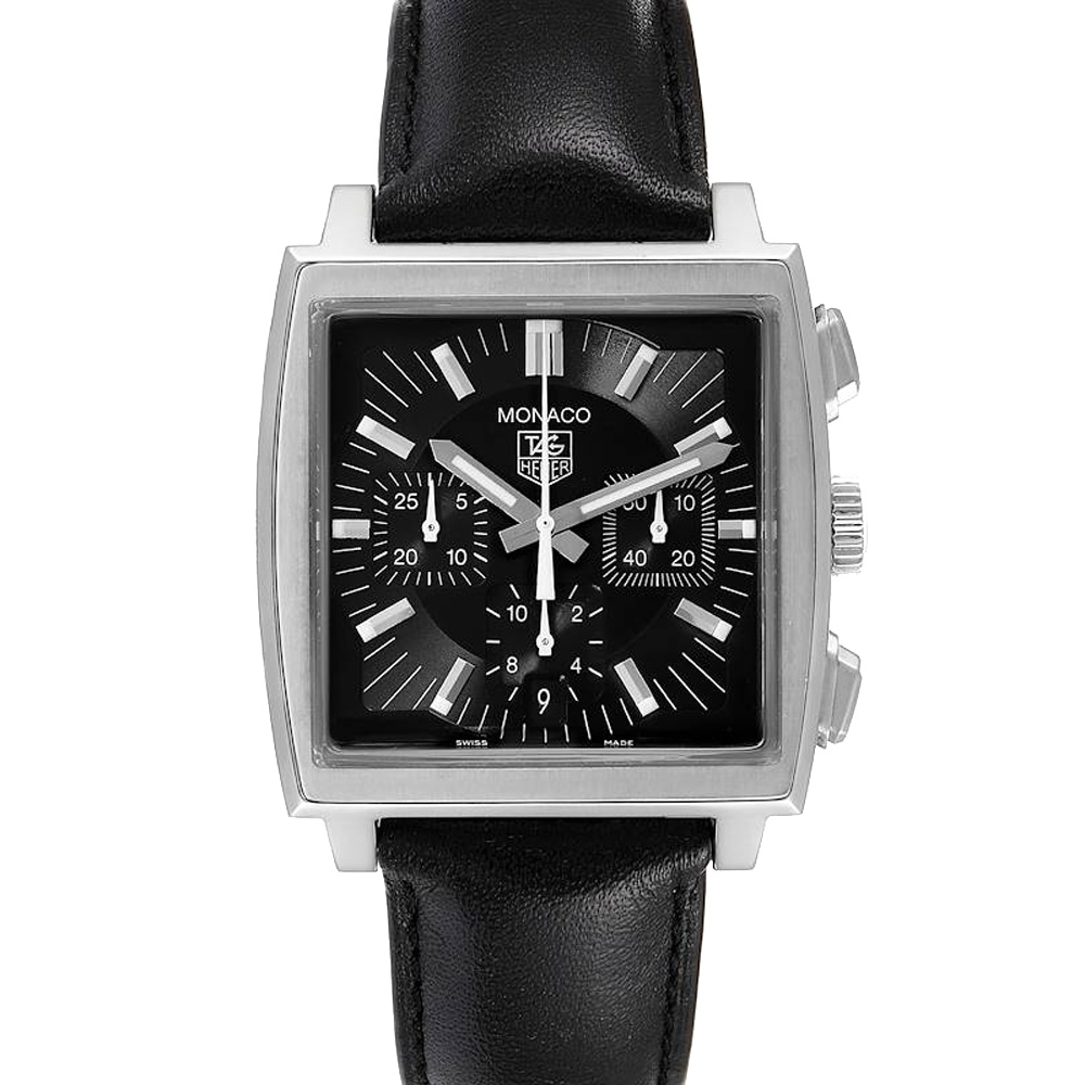 Tag Heuer Black Stainless Steel Monaco Automatic CW2111 Men's Wristwatch 38.5 MM